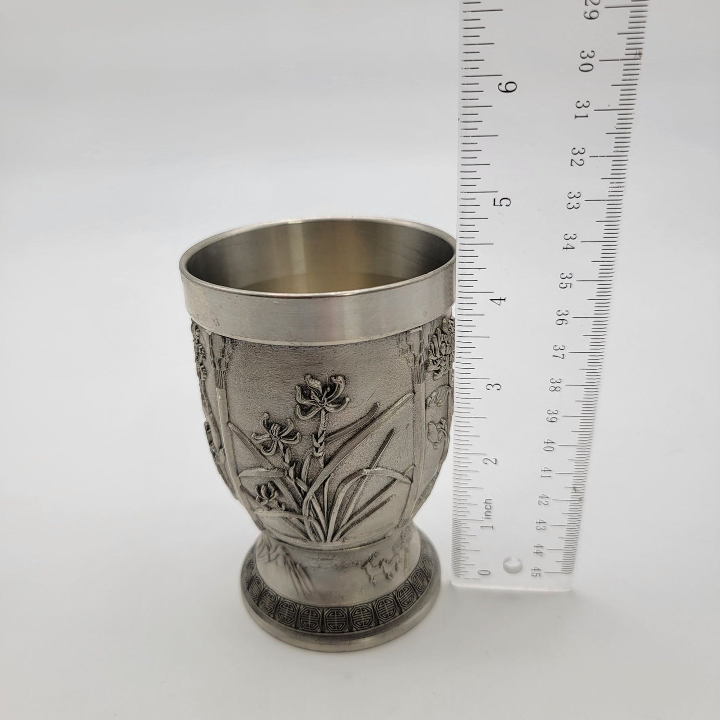 Vintage Pewter Cup With Birds & Bamboo