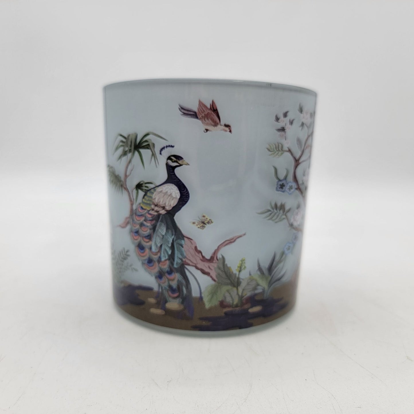 Hand-Painted Glass Candle Holder With Peacock Heron Birds