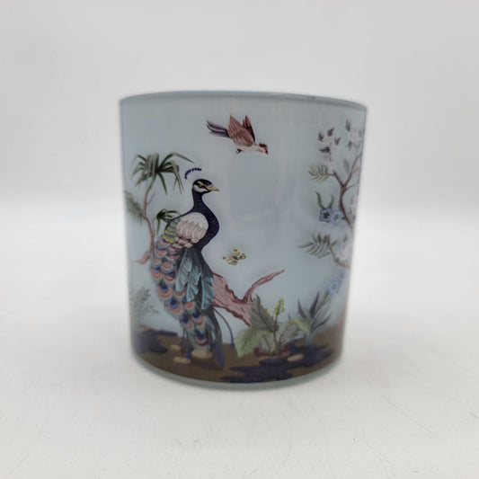 Hand-Painted Glass Candle Holder With Peacock Heron Birds