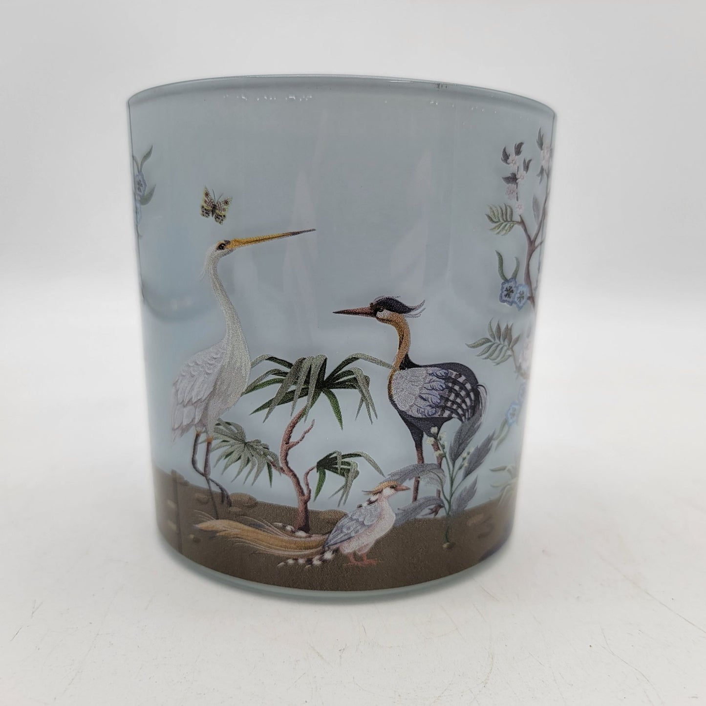 Hand-Painted Glass Candle Holder With Peacock Heron Birds