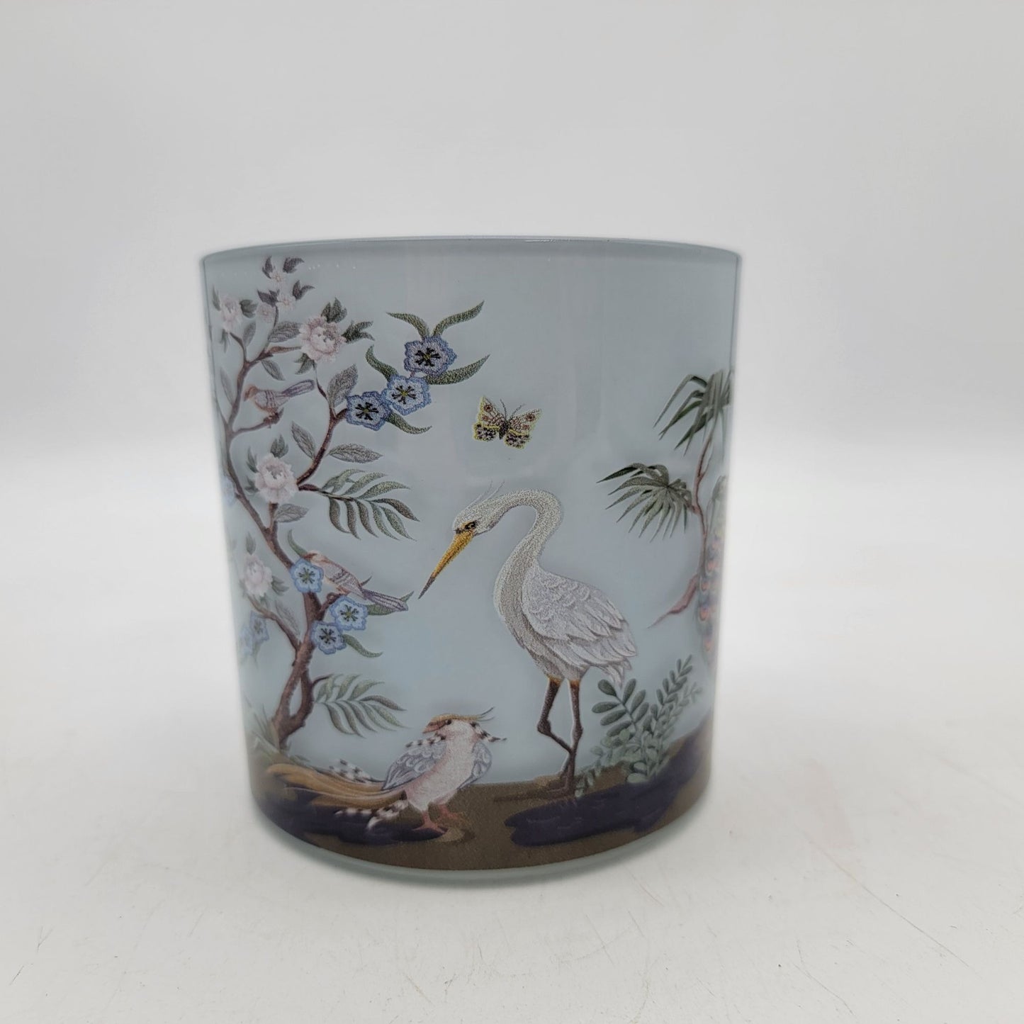 Hand-Painted Glass Candle Holder With Peacock Heron Birds