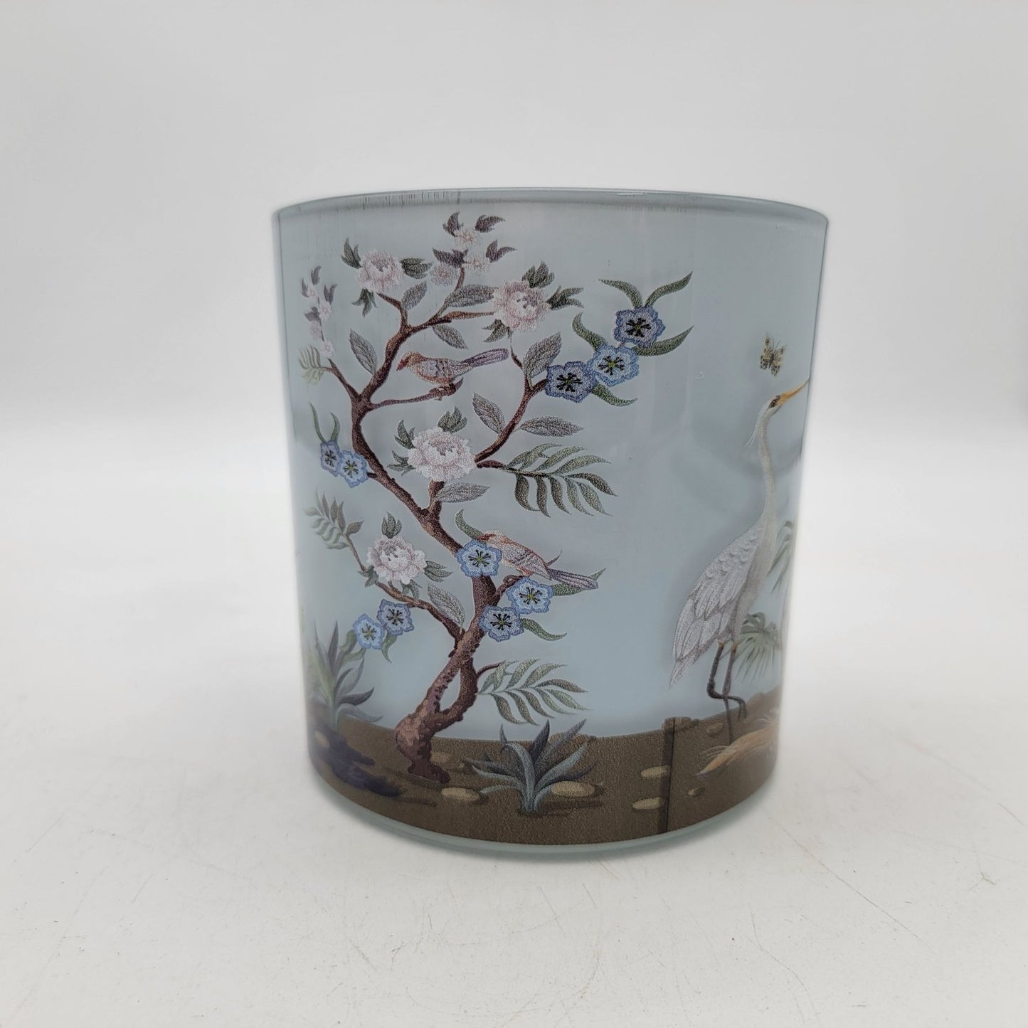 Hand-Painted Glass Candle Holder With Peacock Heron Birds
