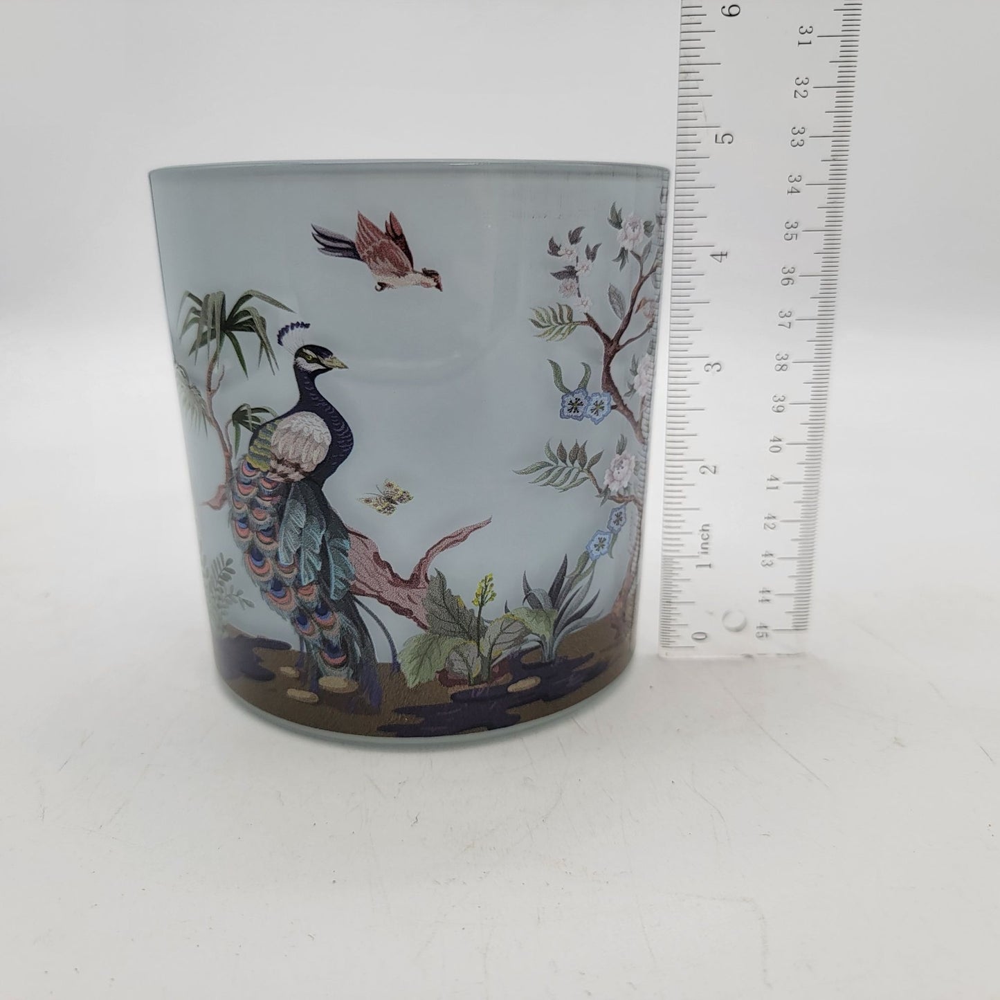 Hand-Painted Glass Candle Holder With Peacock Heron Birds