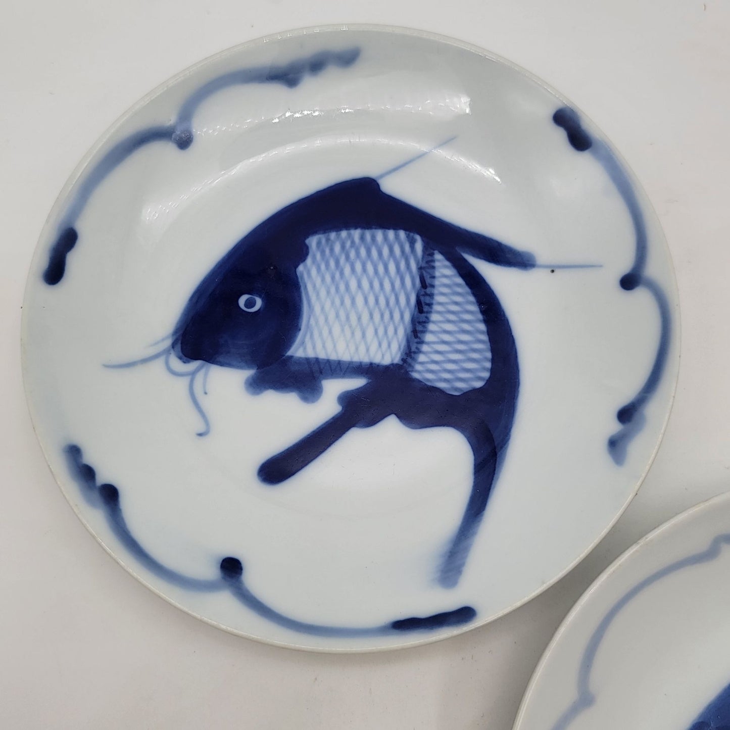 Blue & White Fish Porcelain Plates Set Of 2