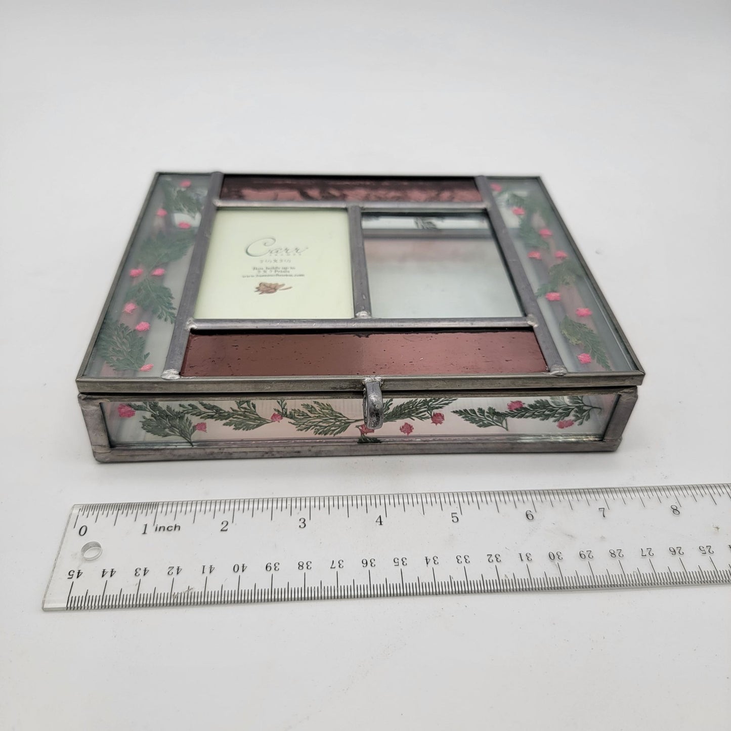 Stained Glass Jewelry Box With Pressed Flowers & Mirror Lid by Carr Frames , Burnes of Boston