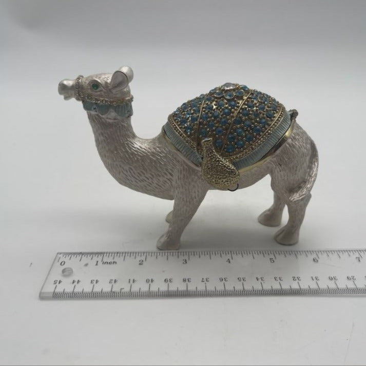 Vintage Silver-Tone Blue Enameled & Rhinestones Camel Trinket Box