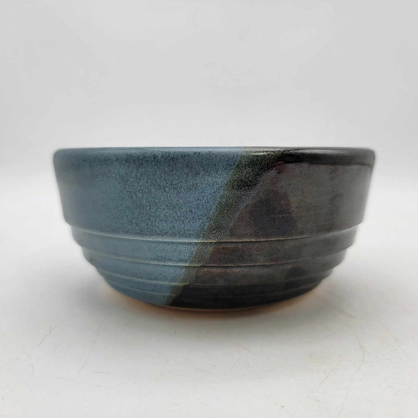 Handcrafted Vintage Pottery Bowl Signed EWOK Two-Tone Glaze Black & Blue
