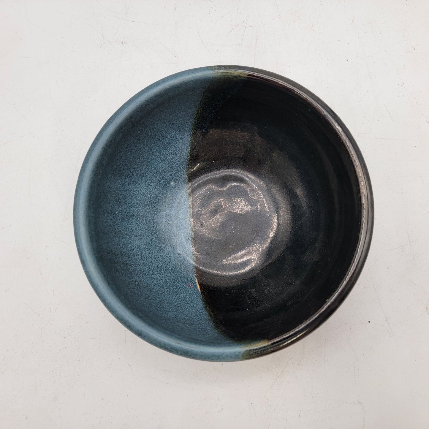 Handcrafted Vintage Pottery Bowl Signed EWOK Two-Tone Glaze Black & Blue