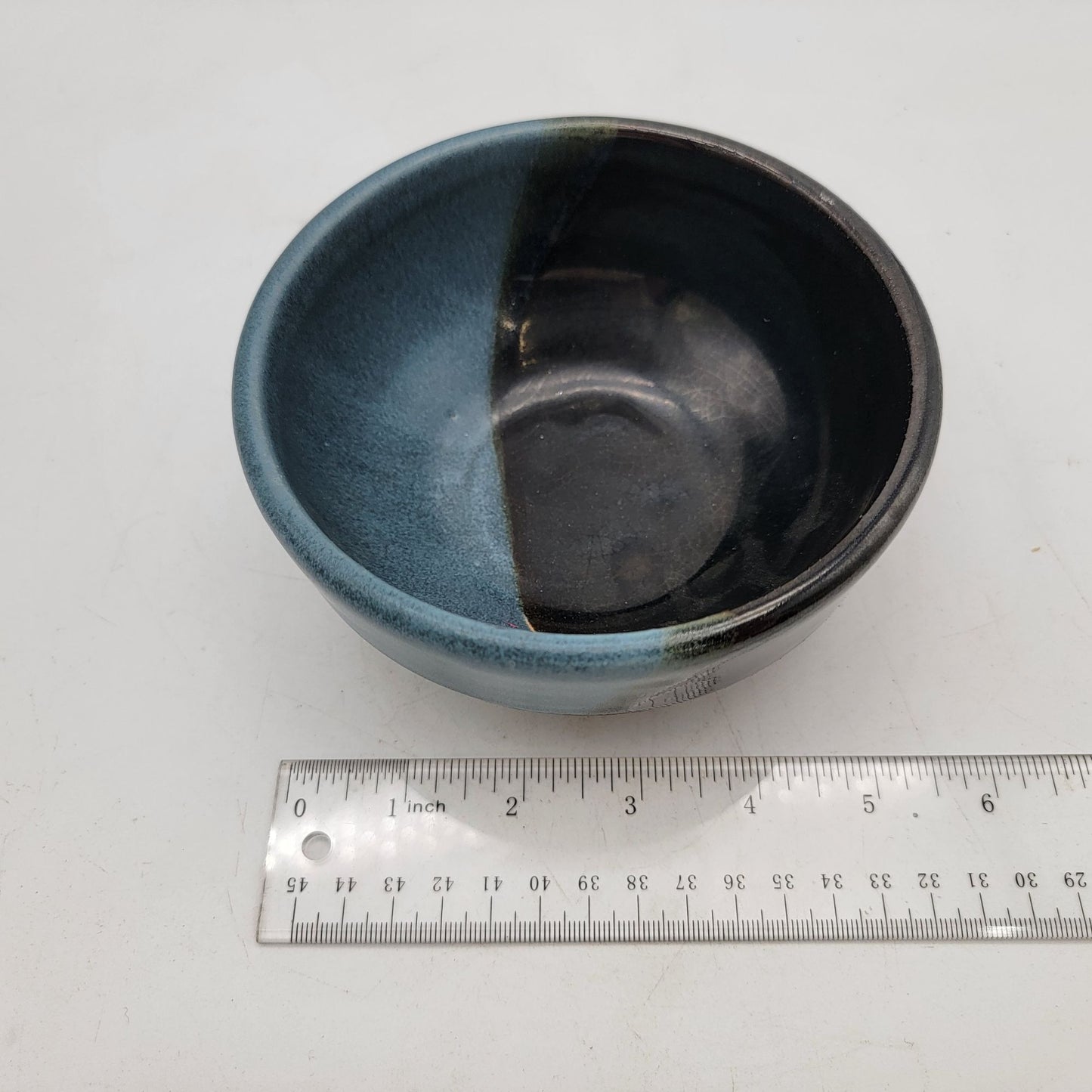 Handcrafted Vintage Pottery Bowl Signed EWOK Two-Tone Glaze Black & Blue