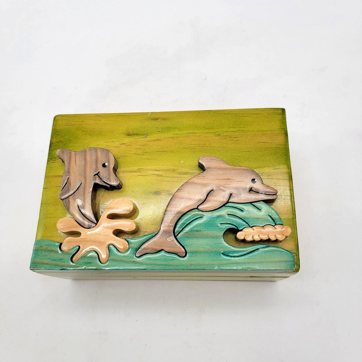 Intarsia Wood Art Dolphin Trinket Jewelry Box