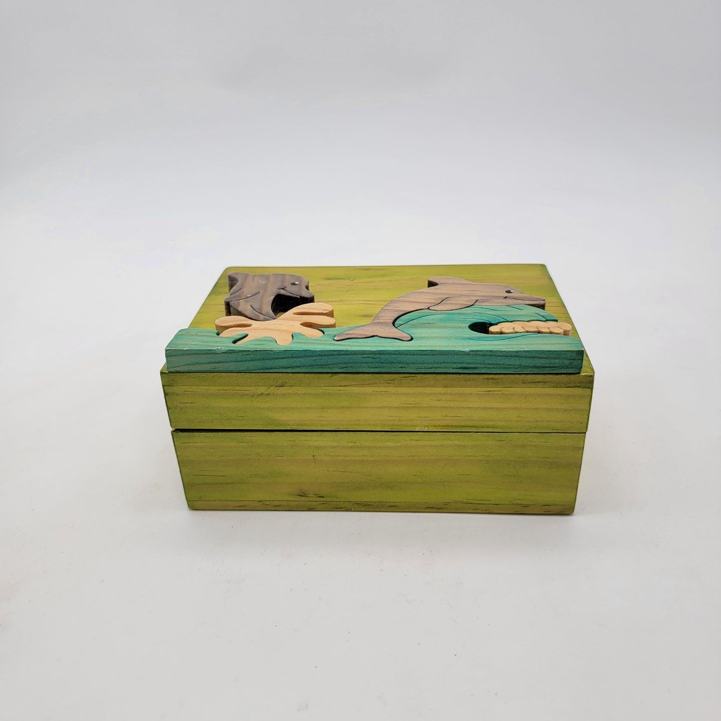 Intarsia Wood Art Dolphin Trinket Jewelry Box
