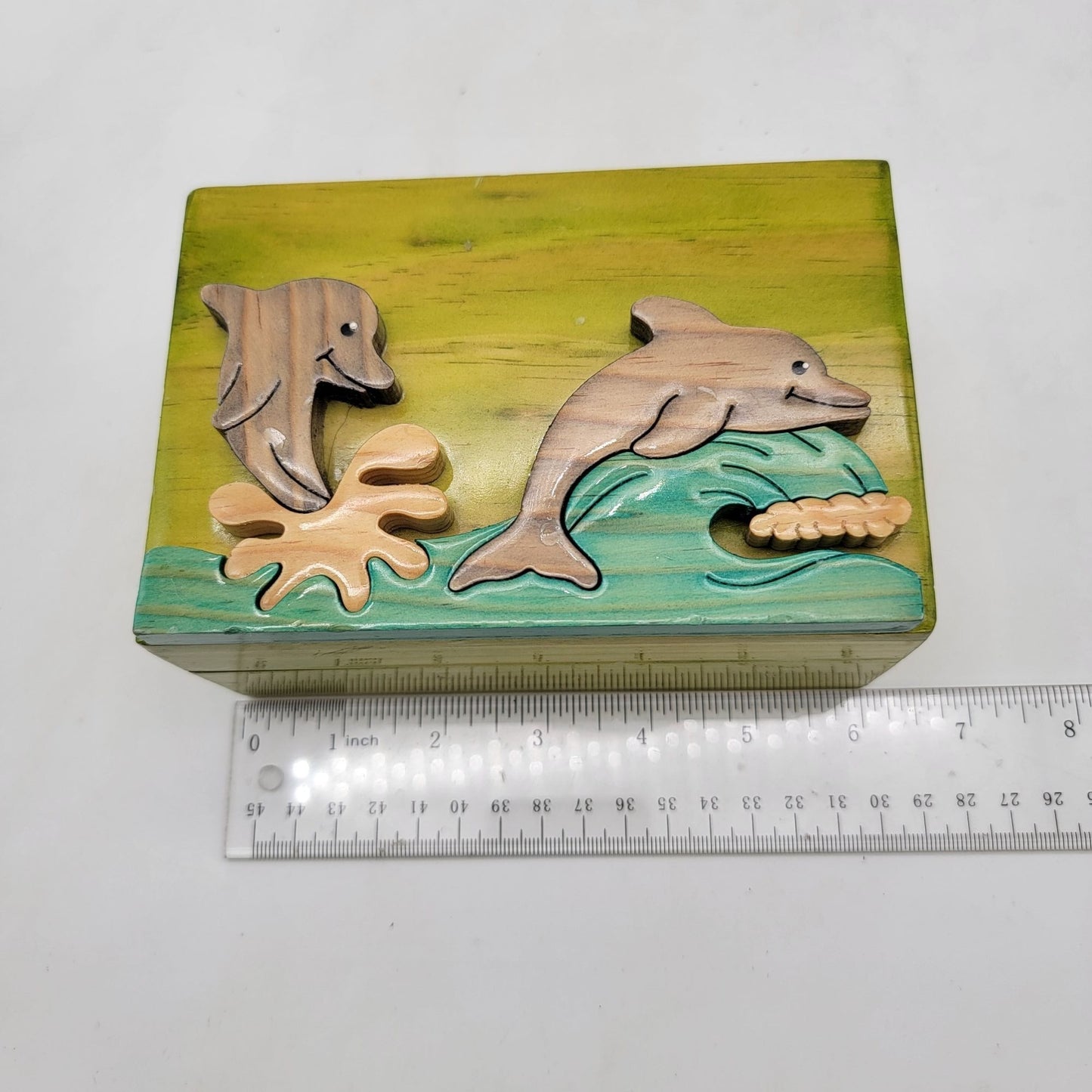 Intarsia Wood Art Dolphin Trinket Jewelry Box