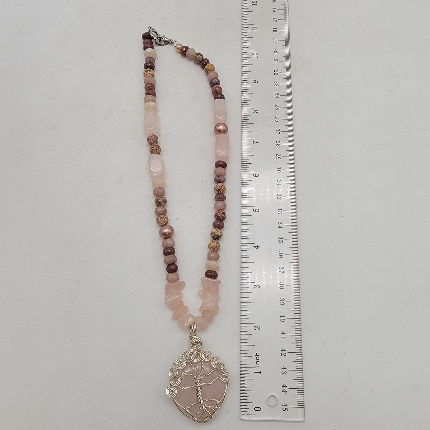 Rose Quartz Tree Of Life Wire Wrapped Pendant Necklace With Imperial Jasper Beads