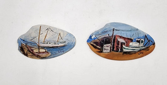 Handpainted Clam Shells With Maritime Scenes Signed By Artist From Rockport Texas