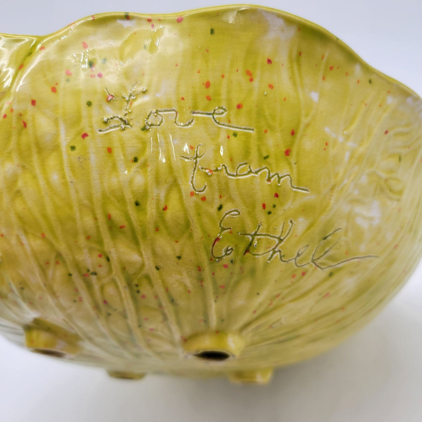 1960's Vintage Cabbage Leaf Serving Bowl With Speckled Design