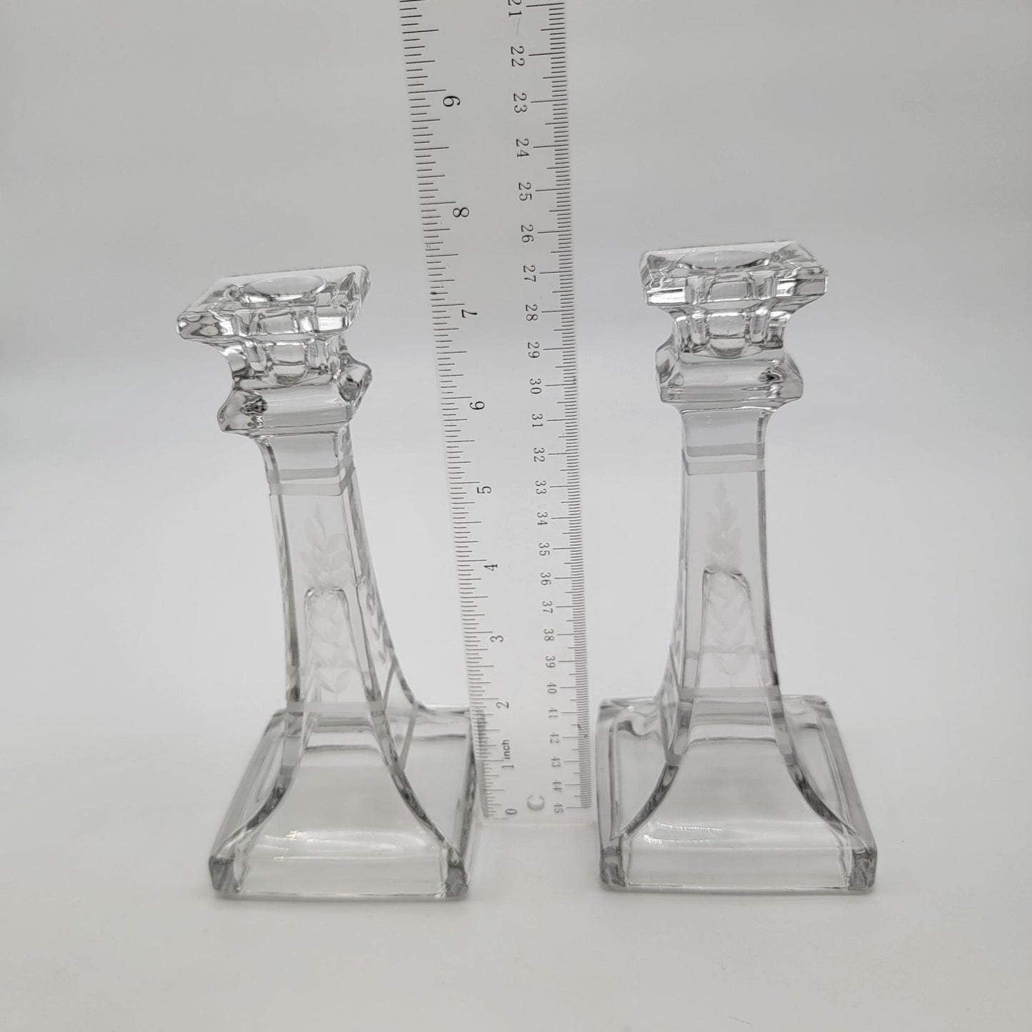 Antique Etched Glass Candlesticks Pair