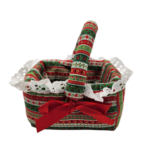 Vintage 1970s Handcrafted Christmas Fabric Basket With Handle