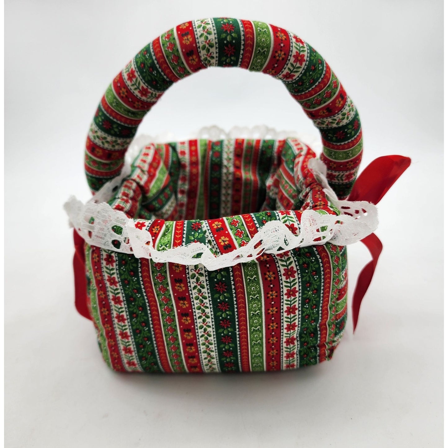 Vintage 1970s Handcrafted Christmas Fabric Basket With Handle