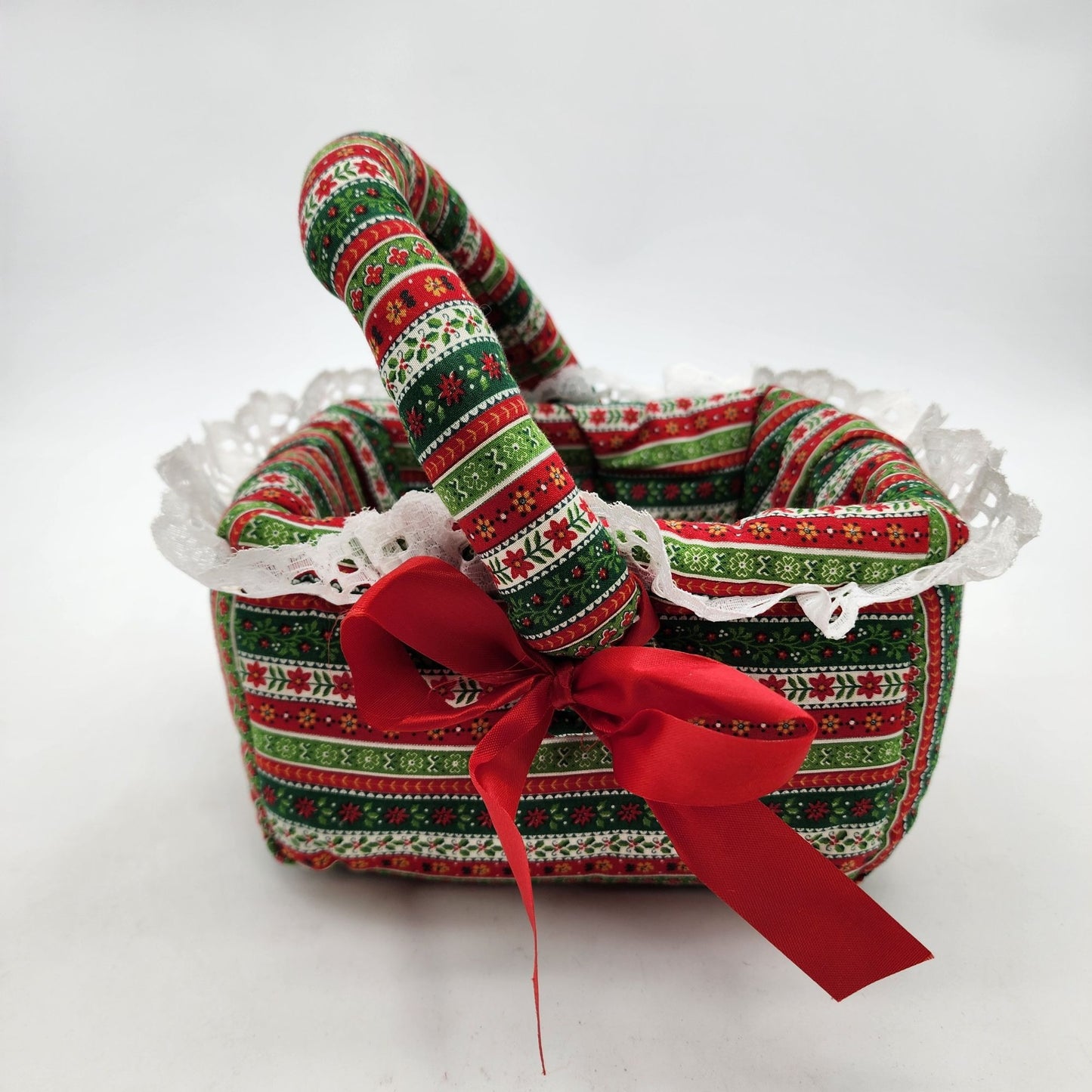 Vintage 1970s Handcrafted Christmas Fabric Basket With Handle