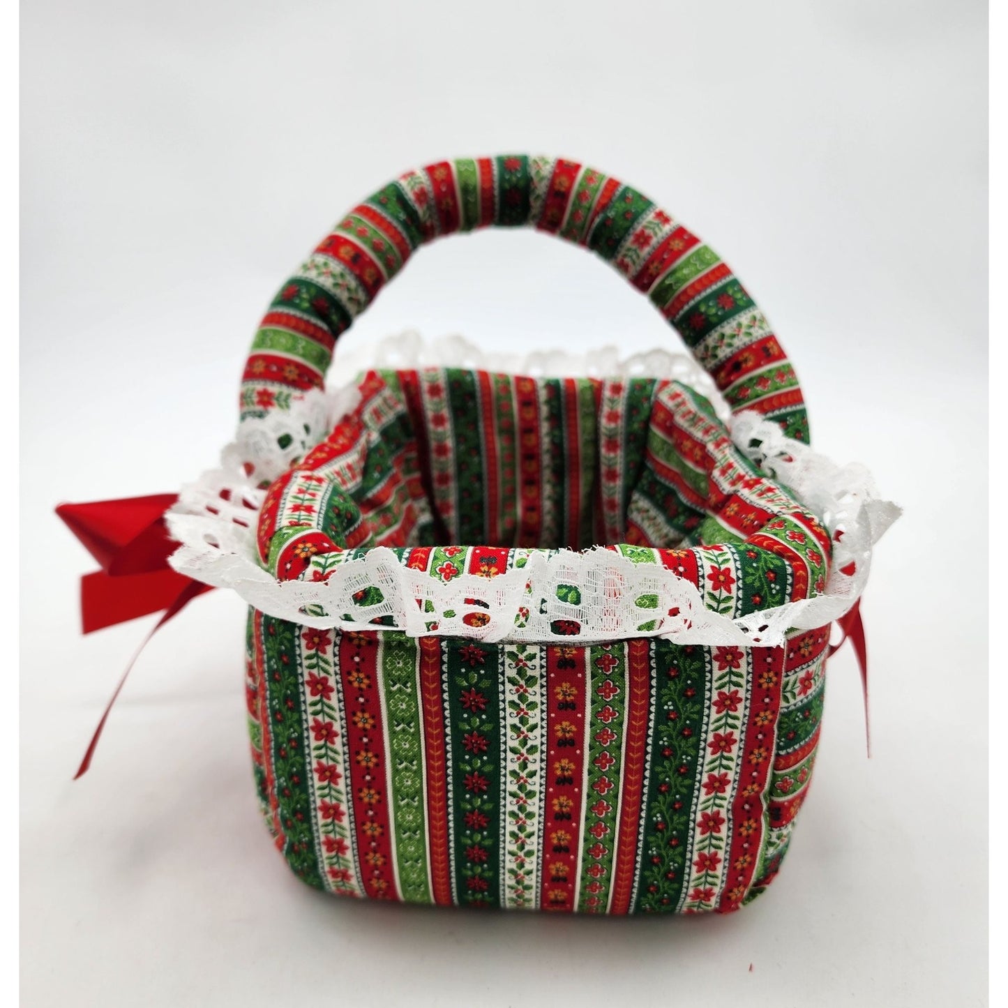 Vintage 1970s Handcrafted Christmas Fabric Basket With Handle