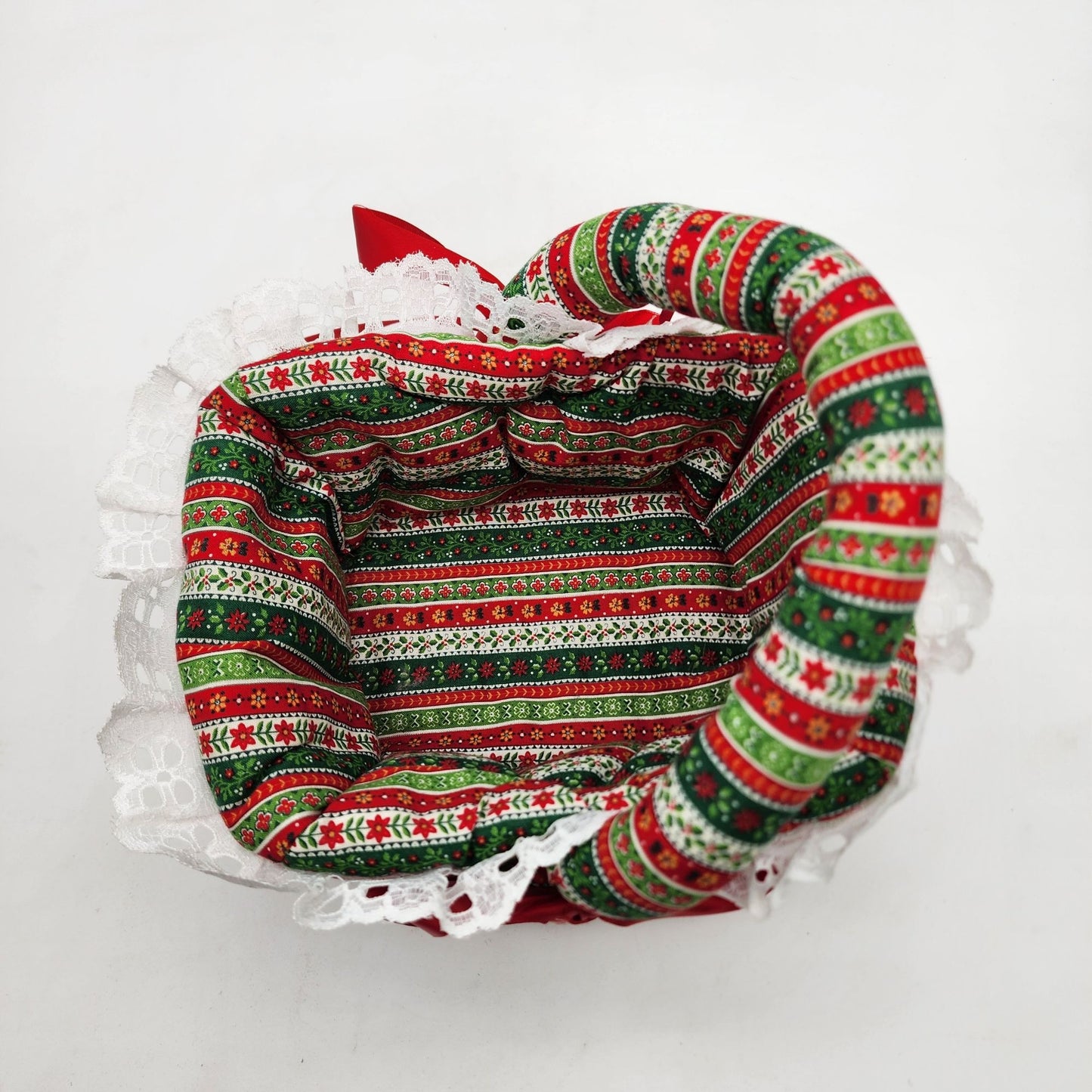 Vintage 1970s Handcrafted Christmas Fabric Basket With Handle