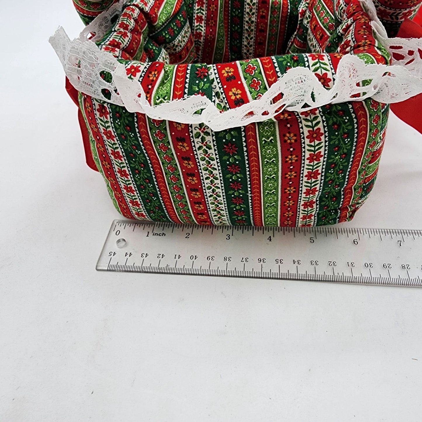 Vintage 1970s Handcrafted Christmas Fabric Basket With Handle