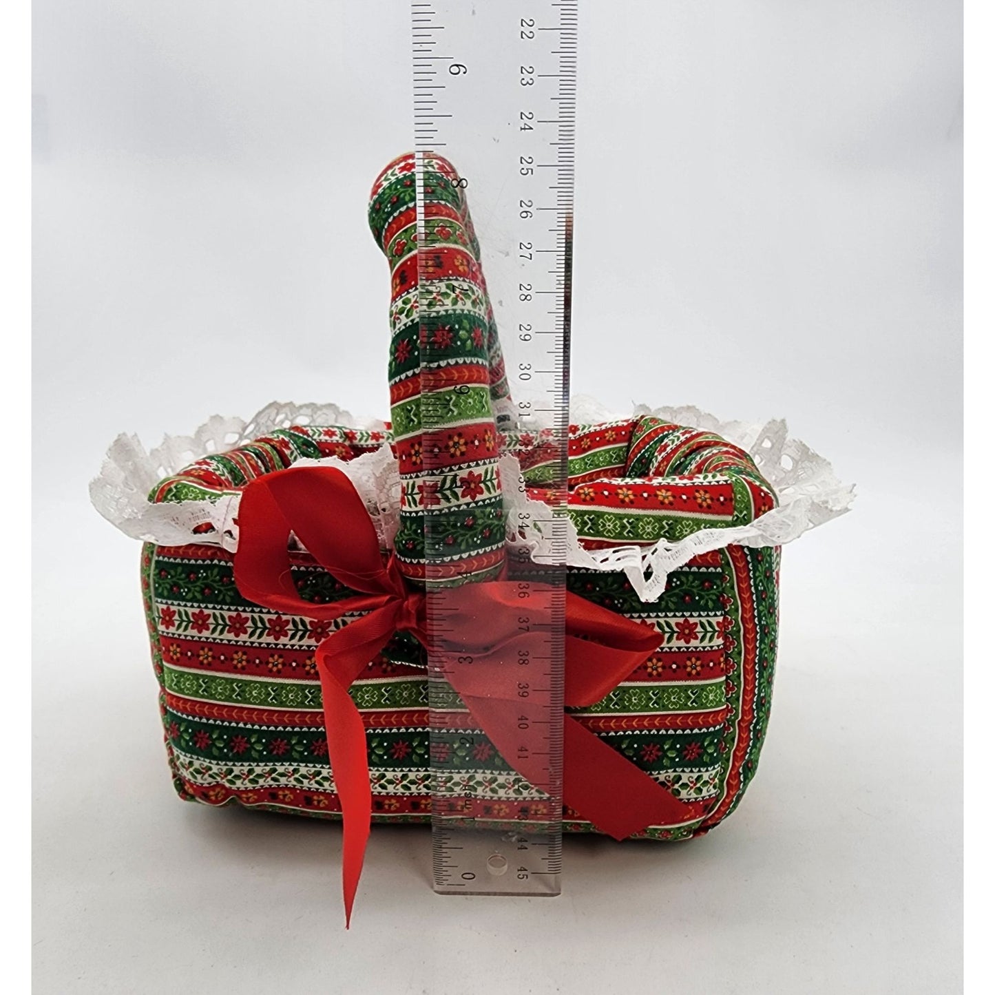 Vintage 1970s Handcrafted Christmas Fabric Basket With Handle