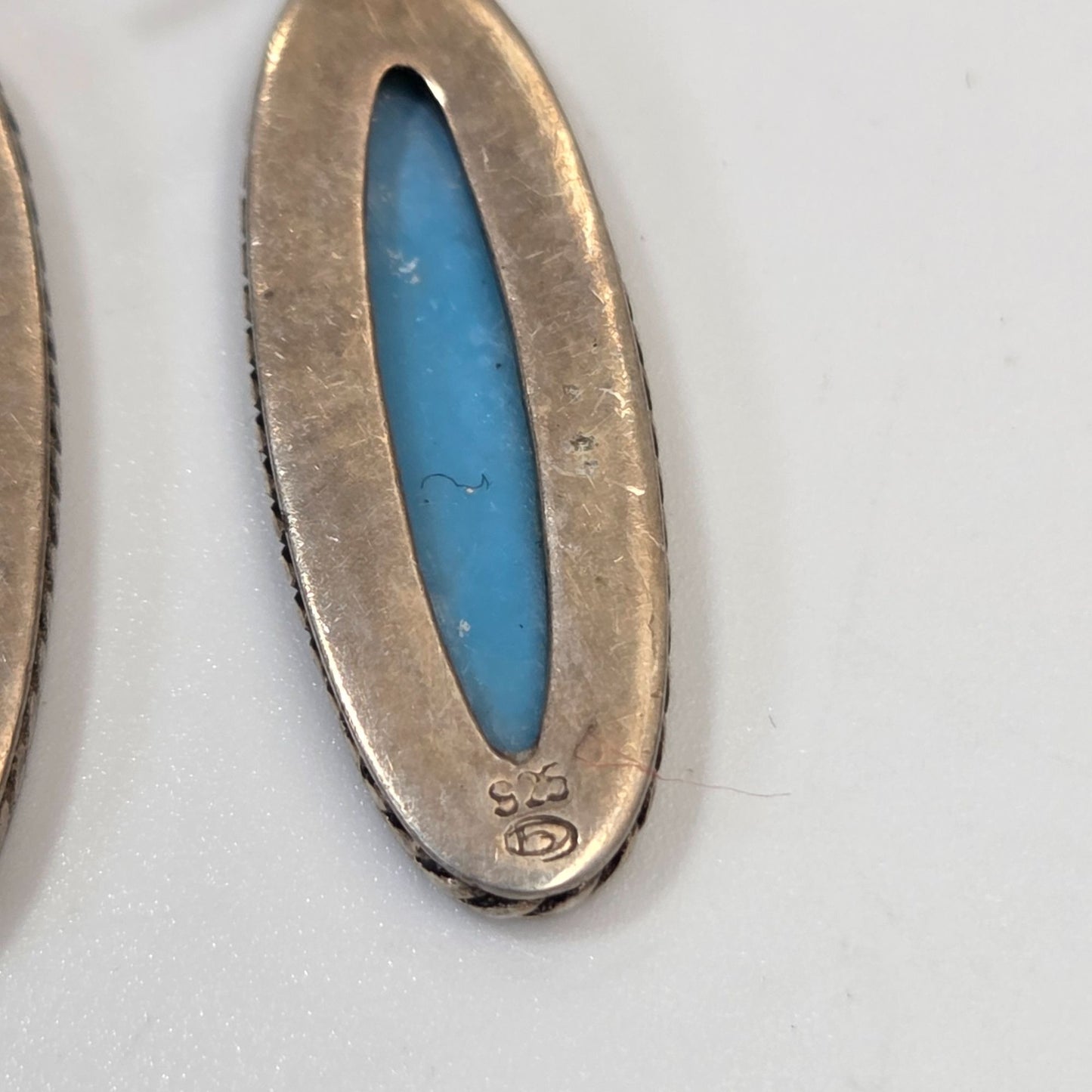 Navajo Signed 925 Sterling Silver Sleeping Beauty Turquoise Oval Dangle Earrings