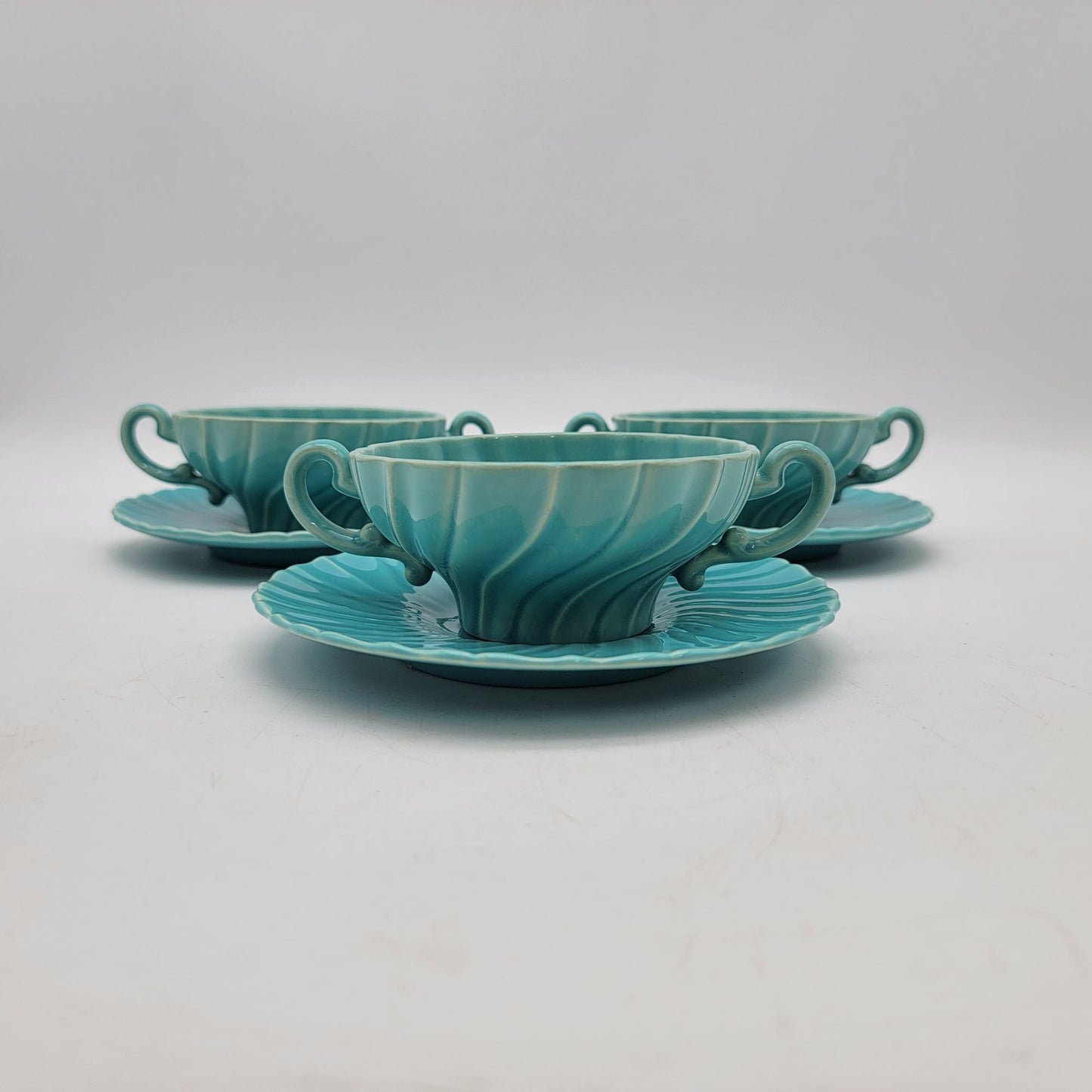 Franciscan Coronado Turquoise Blue Double Handled Mugs or Soup Bowls With Matching Saucers Set Of 3
