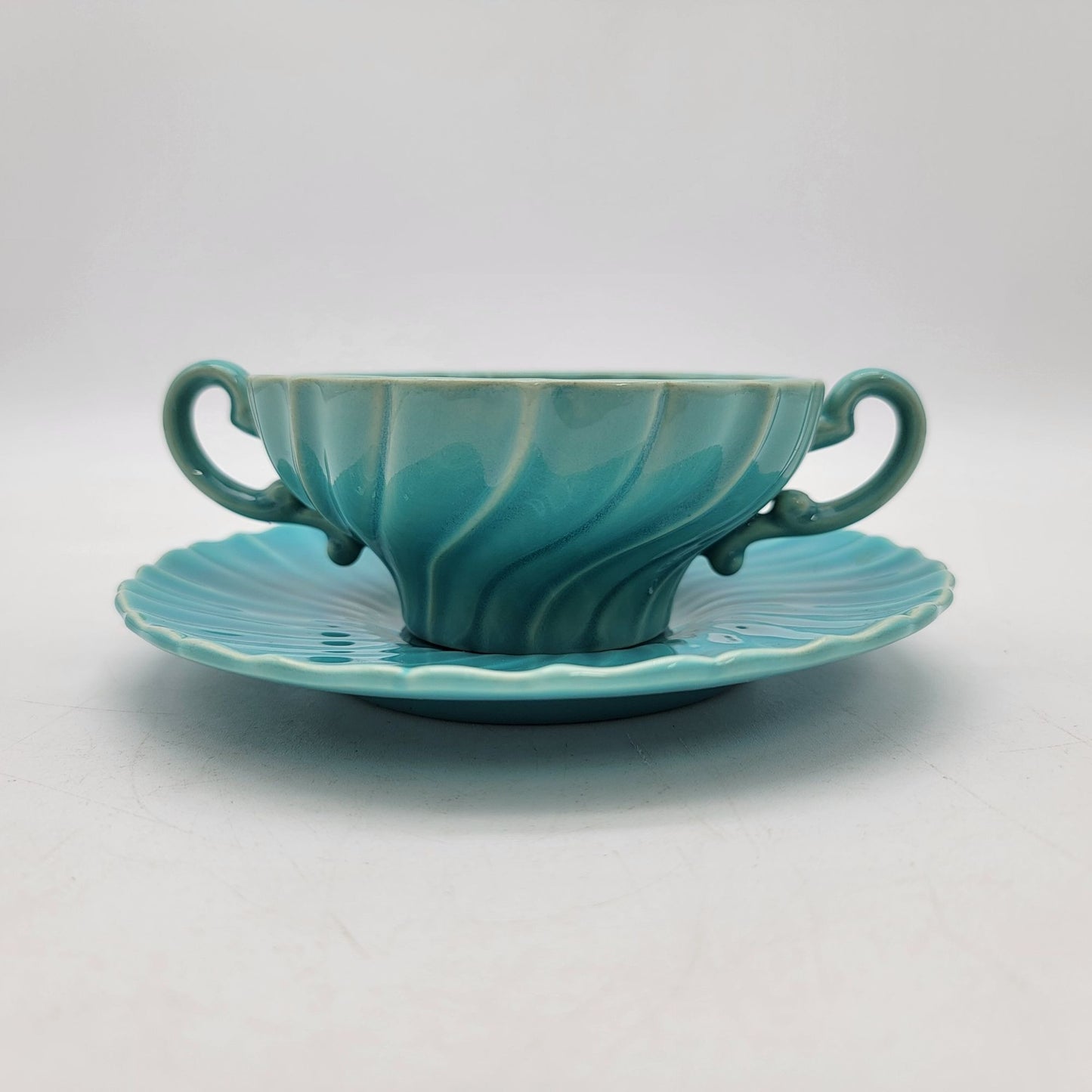 Franciscan Coronado Turquoise Blue Double Handled Mugs or Soup Bowls With Matching Saucers Set Of 3