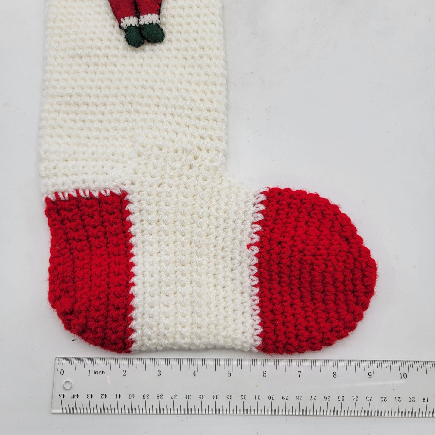 Vintage Hand Crocheted Santa Christmas Stocking White & Red