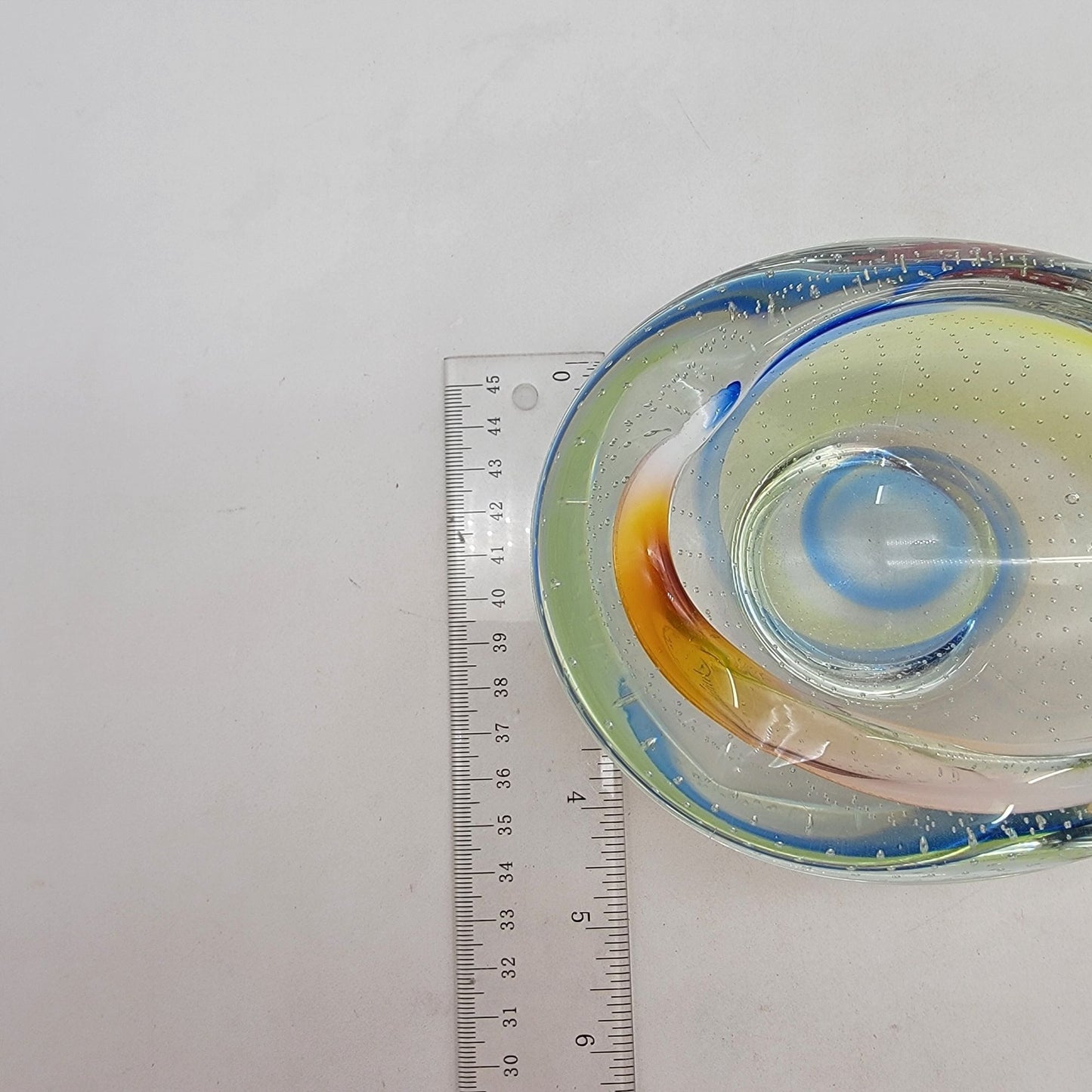 Vintage Archimede Seguso Murano Bullicante Art Glass Bowl With Yellow & Blue Swirls