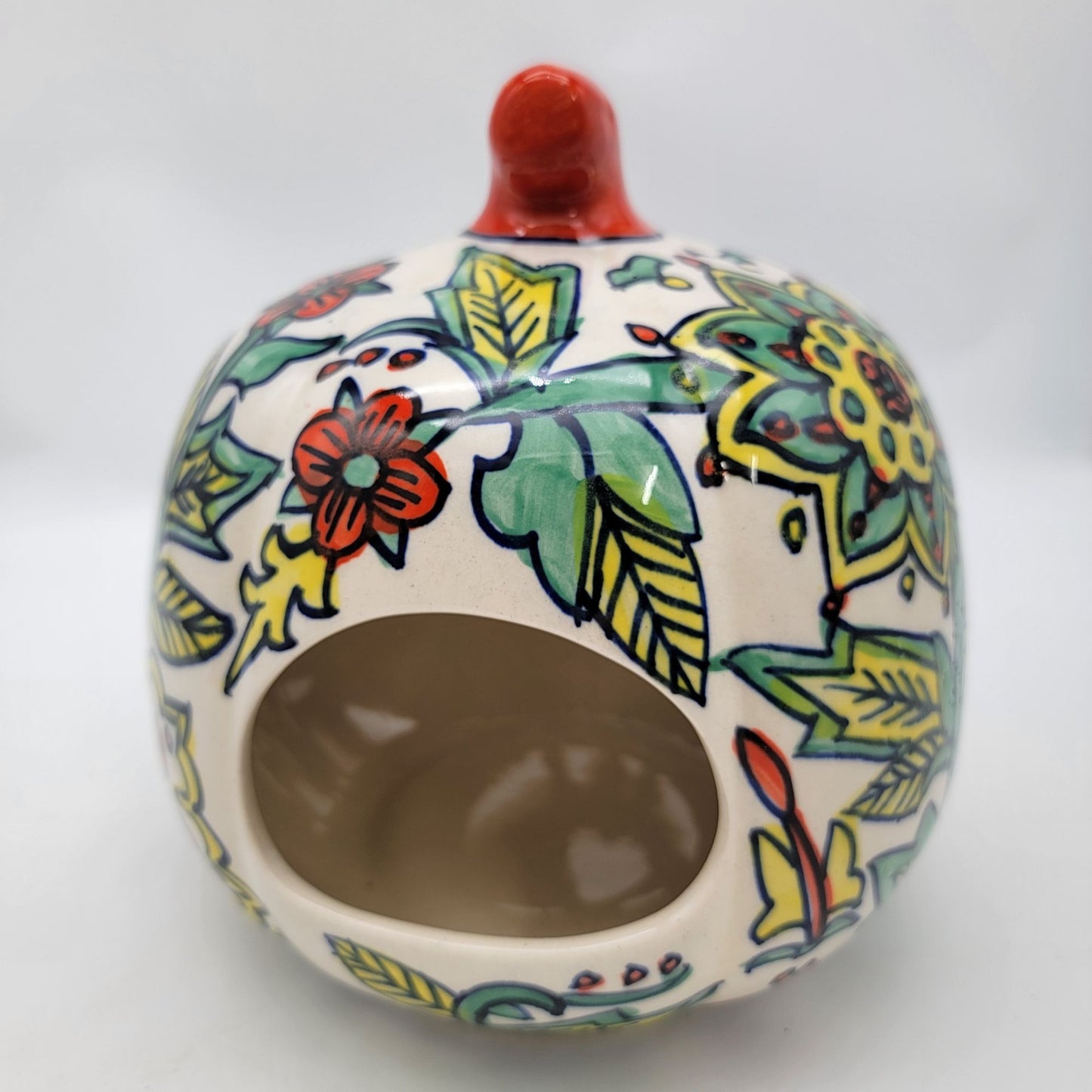 Talavera Style Halloween Pumpkin Jack-O-Lantern White with Green and Yellow Flowers