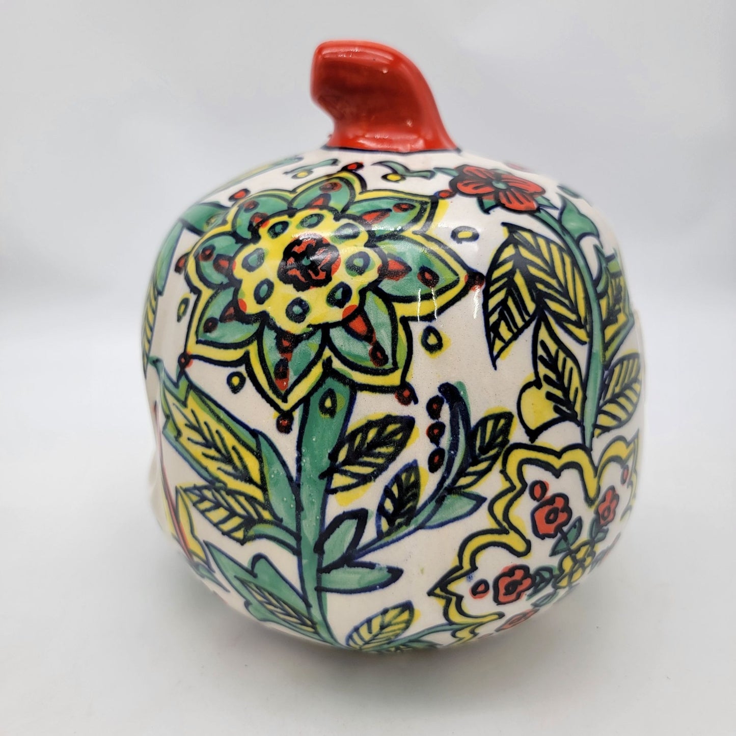 Talavera Style Halloween Pumpkin Jack-O-Lantern White with Green and Yellow Flowers
