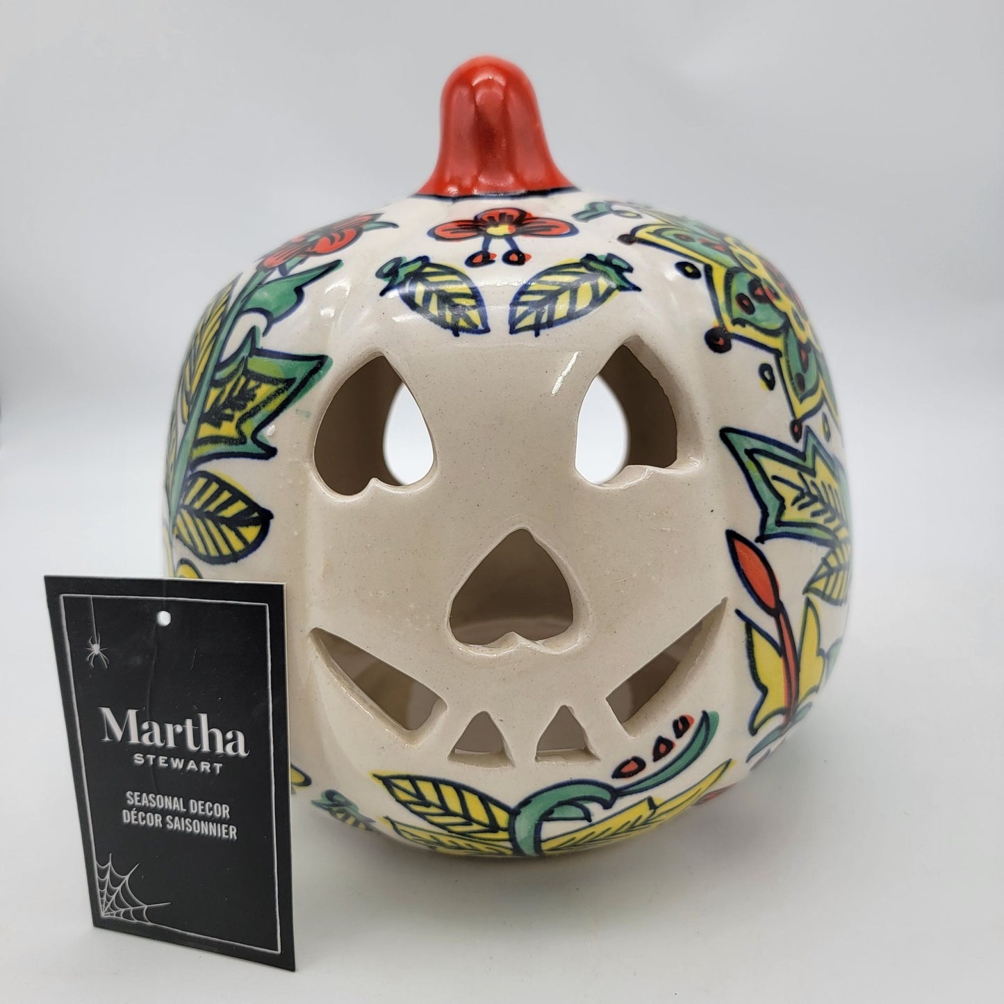 Talavera Style Halloween Pumpkin Jack-O-Lantern White with Green and Yellow Flowers
