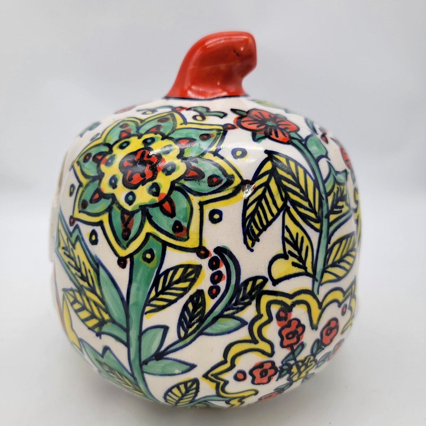 Talavera Style Halloween Pumpkin Jack-O-Lantern White with Green and Yellow Flowers
