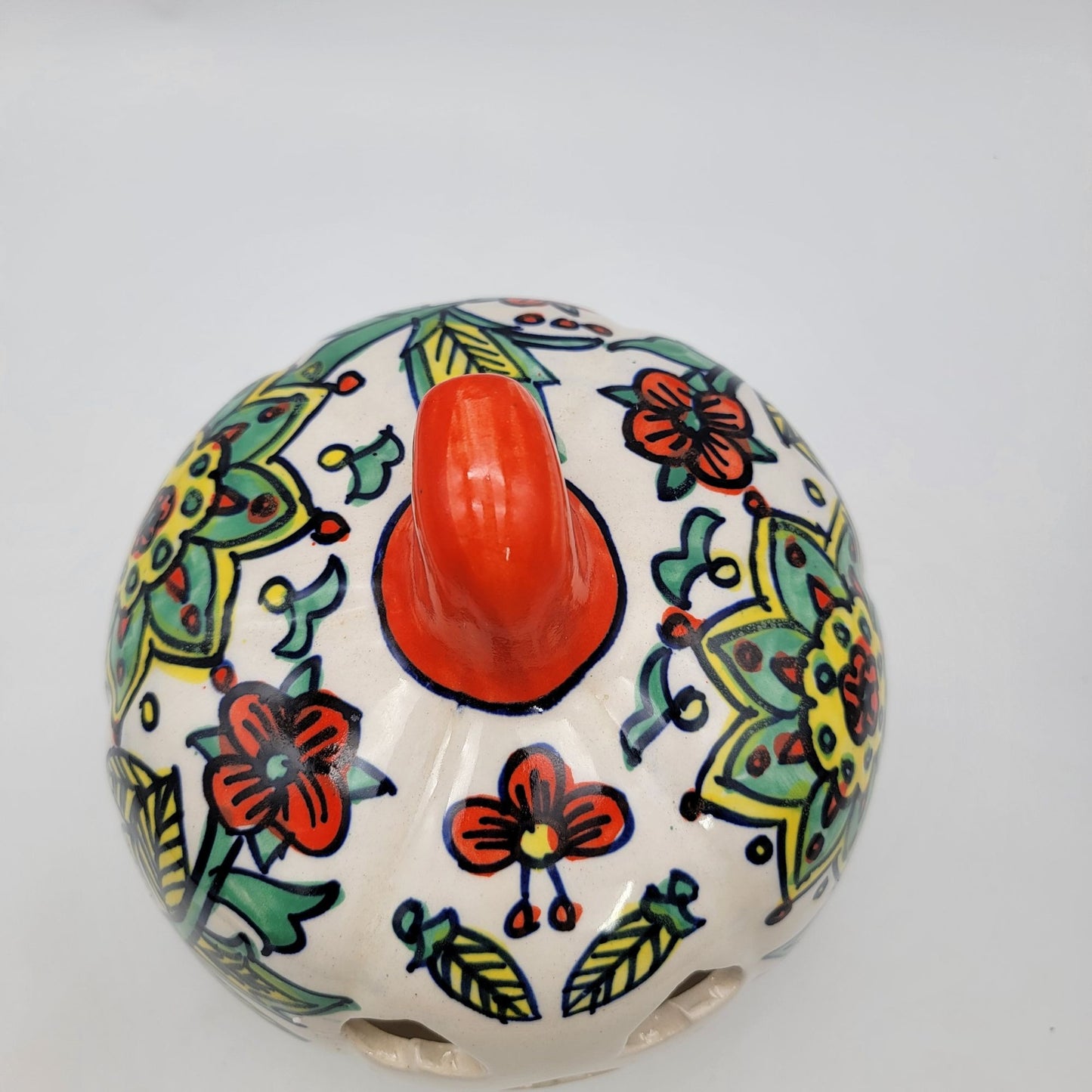Talavera Style Halloween Pumpkin Jack-O-Lantern White with Green and Yellow Flowers