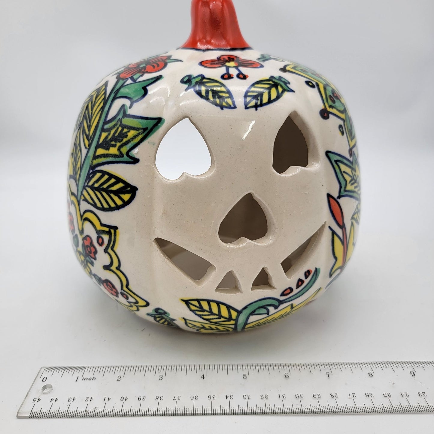 Talavera Style Halloween Pumpkin Jack-O-Lantern White with Green and Yellow Flowers