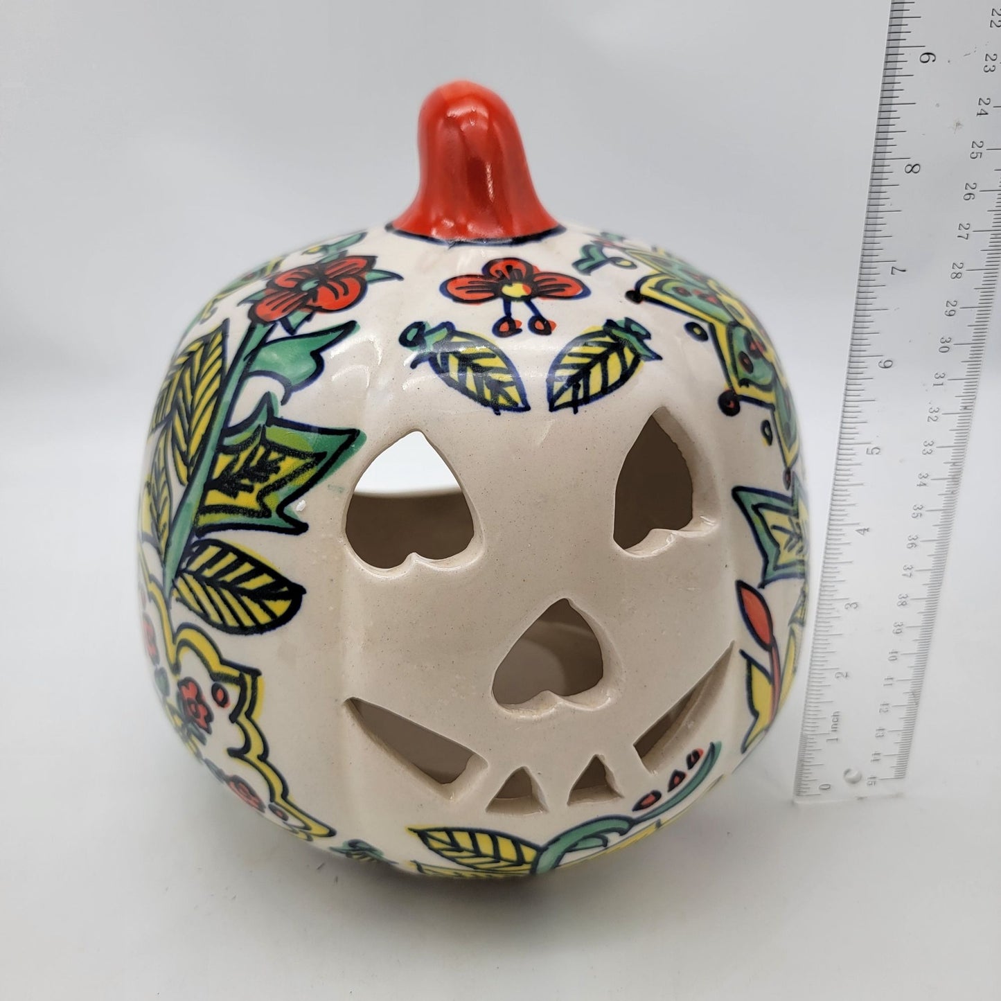 Talavera Style Halloween Pumpkin Jack-O-Lantern White with Green and Yellow Flowers
