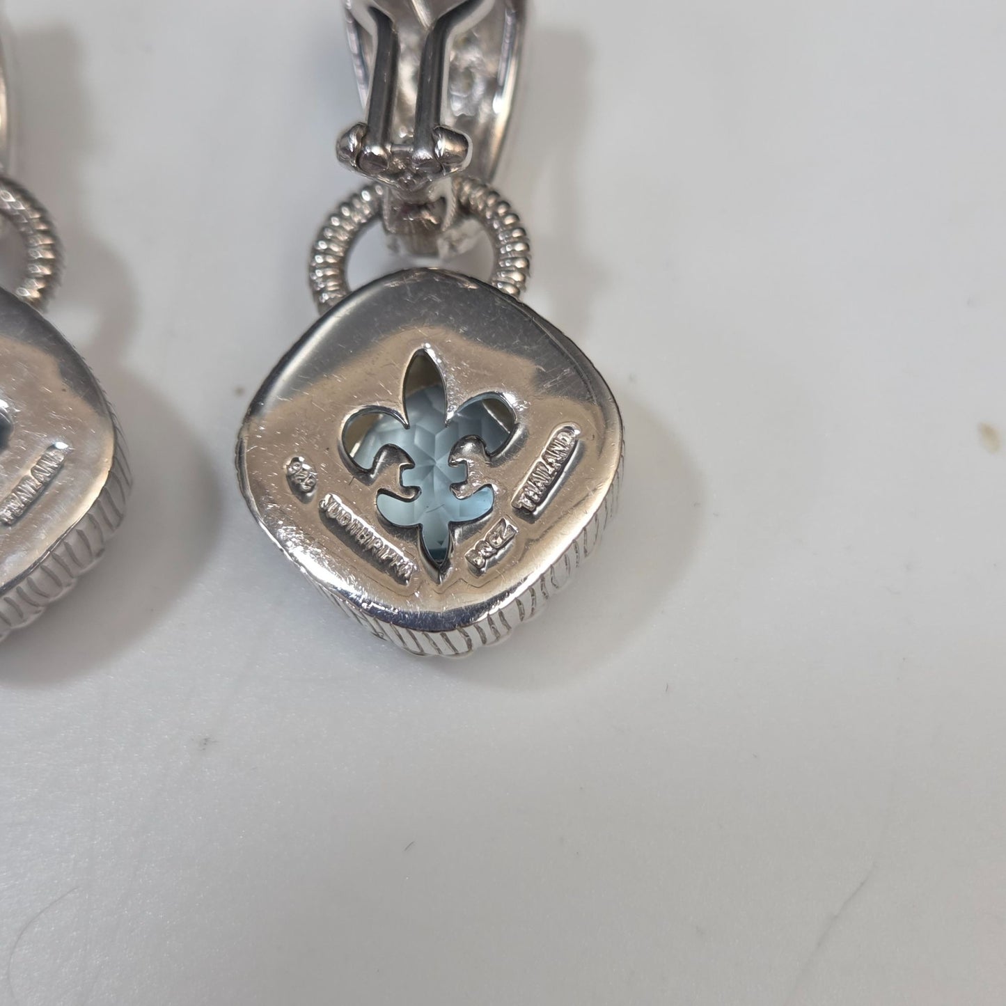 Judith Ripka Earrings Dangle Drop Blue Topaz Charm CZ 925 Sterling Silver Omega