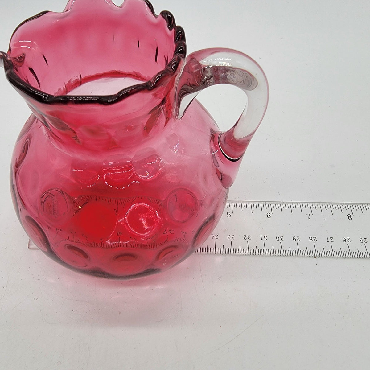 1960's Fenton Cranberry Glass Inverted Thumbprint Pitcher
