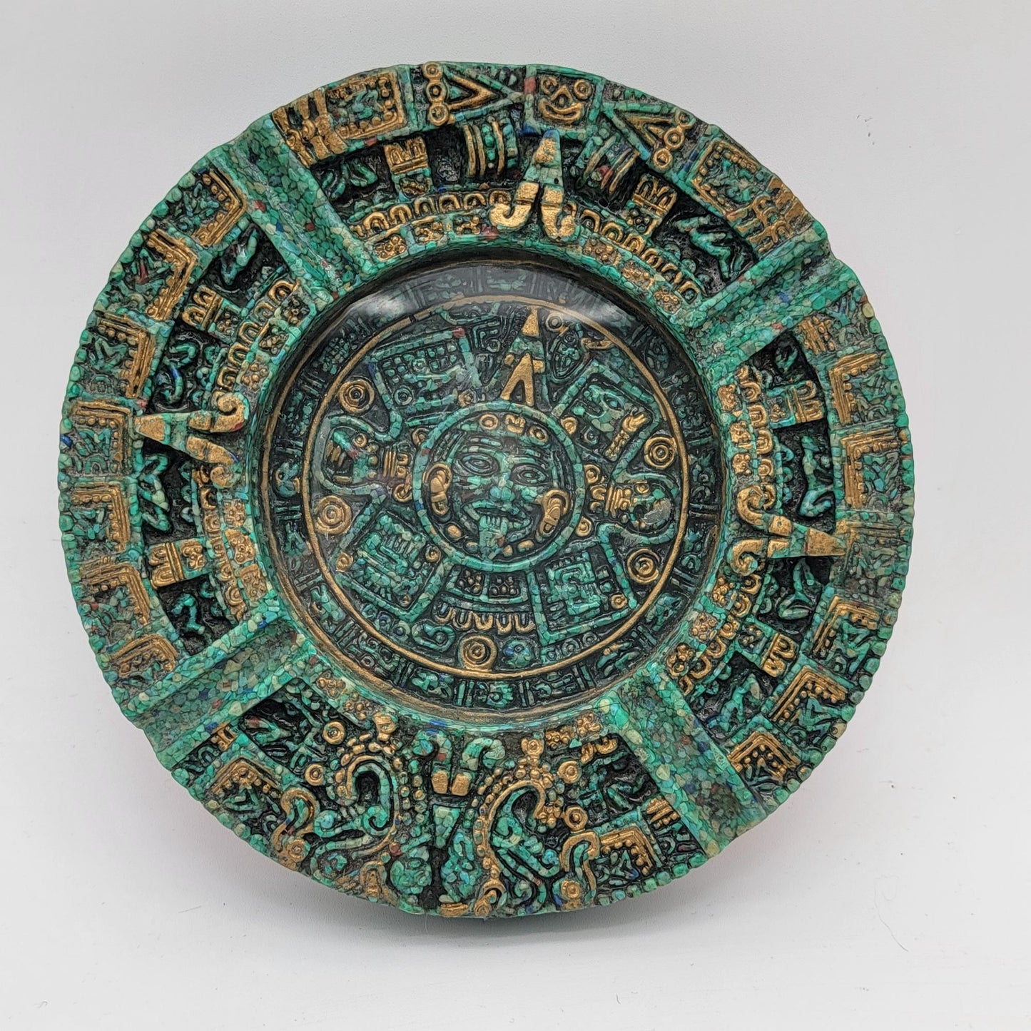Mayan Calendar Design Ashtray With Glass Center & Red Felt Base
