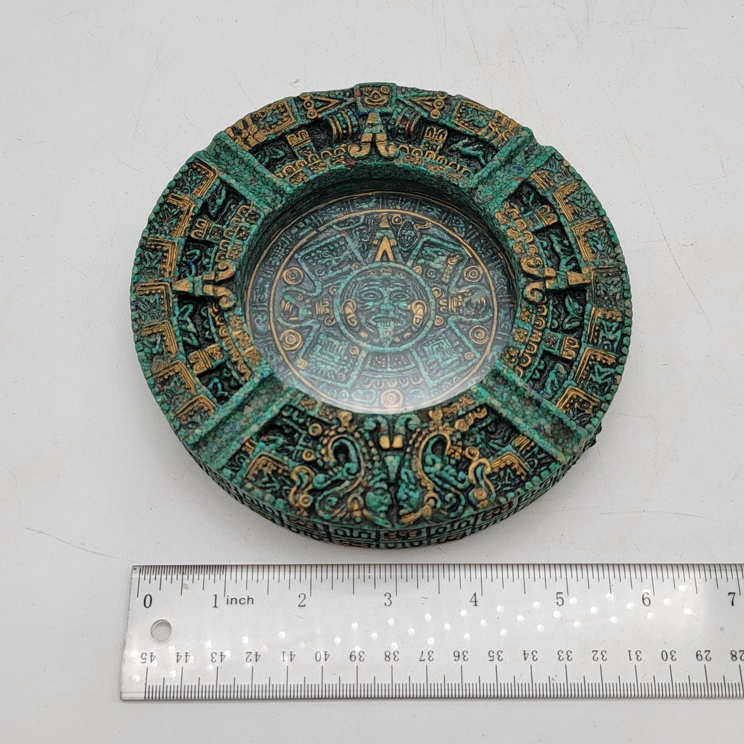 Mayan Calendar Design Ashtray With Glass Center & Red Felt Base