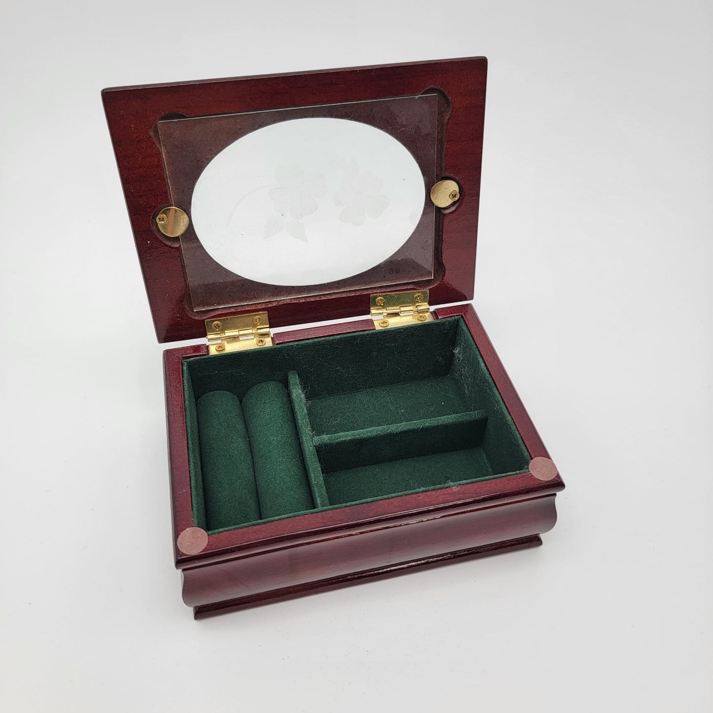 Vintage Wooden Jewelry Box With Oval Glass Lid & Floral Etching