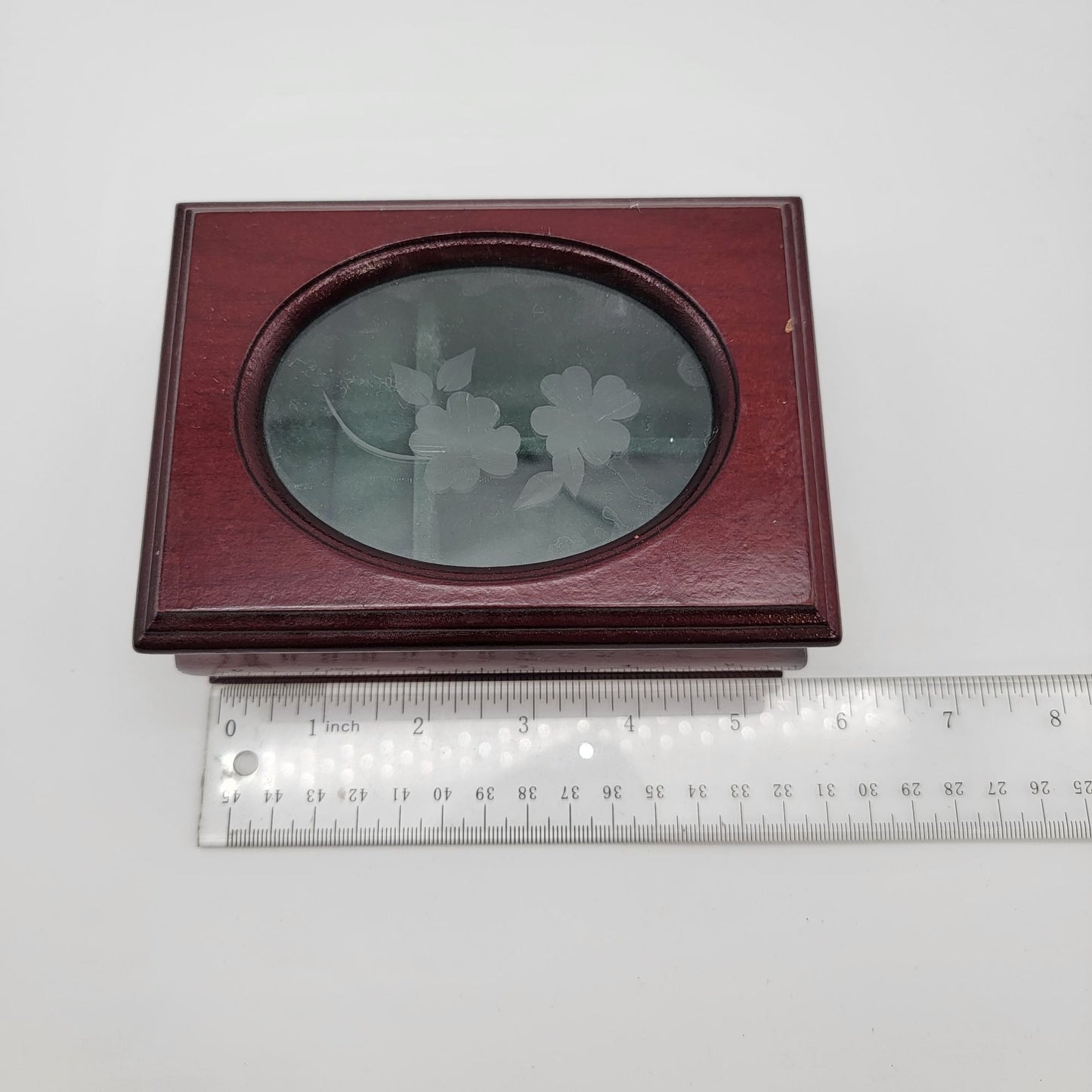 Vintage Wooden Jewelry Box With Oval Glass Lid & Floral Etching