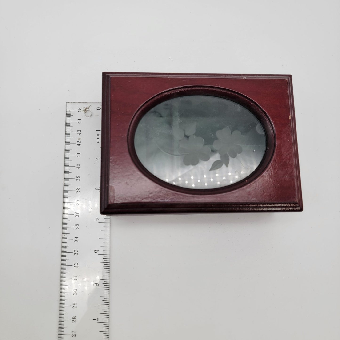 Vintage Wooden Jewelry Box With Oval Glass Lid & Floral Etching