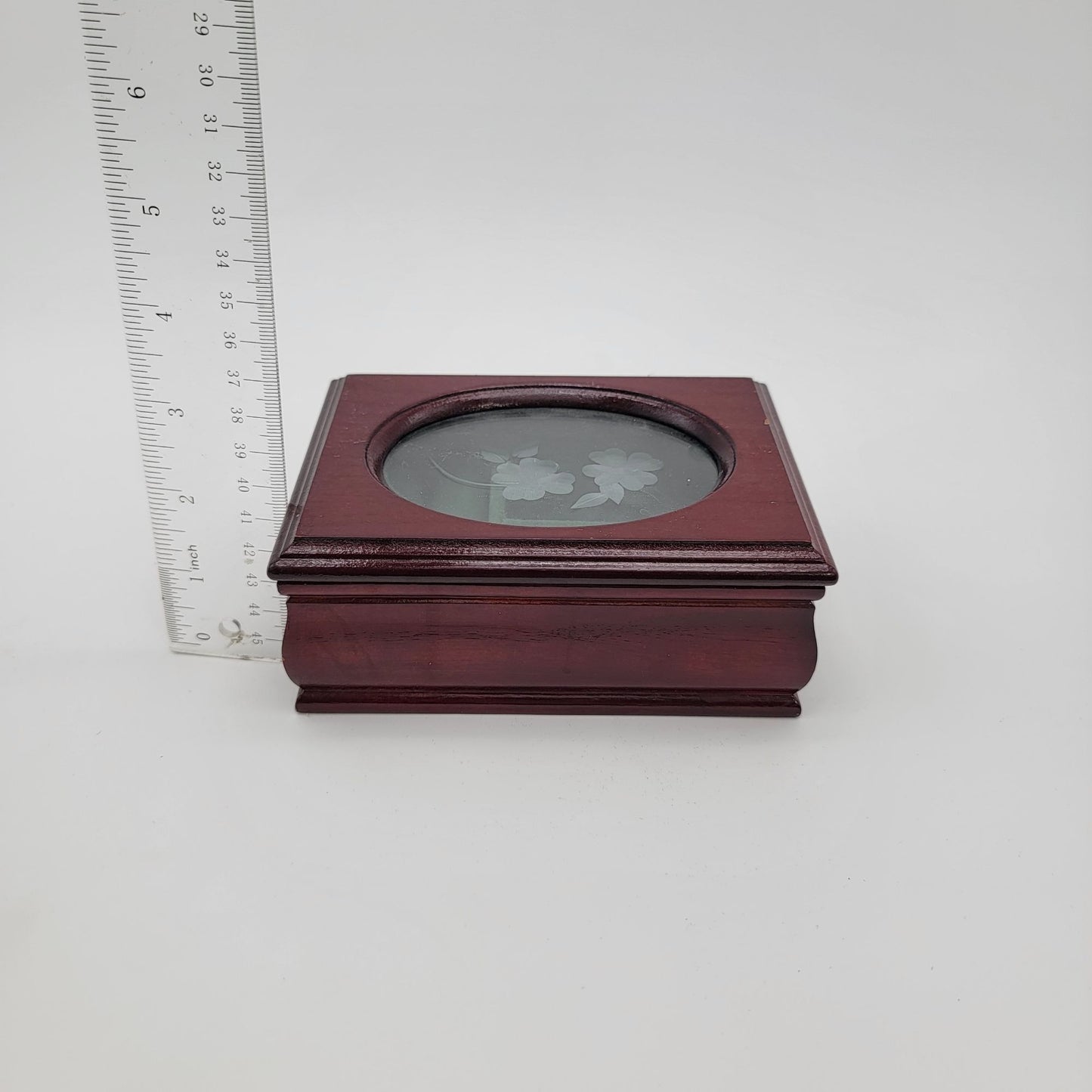 Vintage Wooden Jewelry Box With Oval Glass Lid & Floral Etching