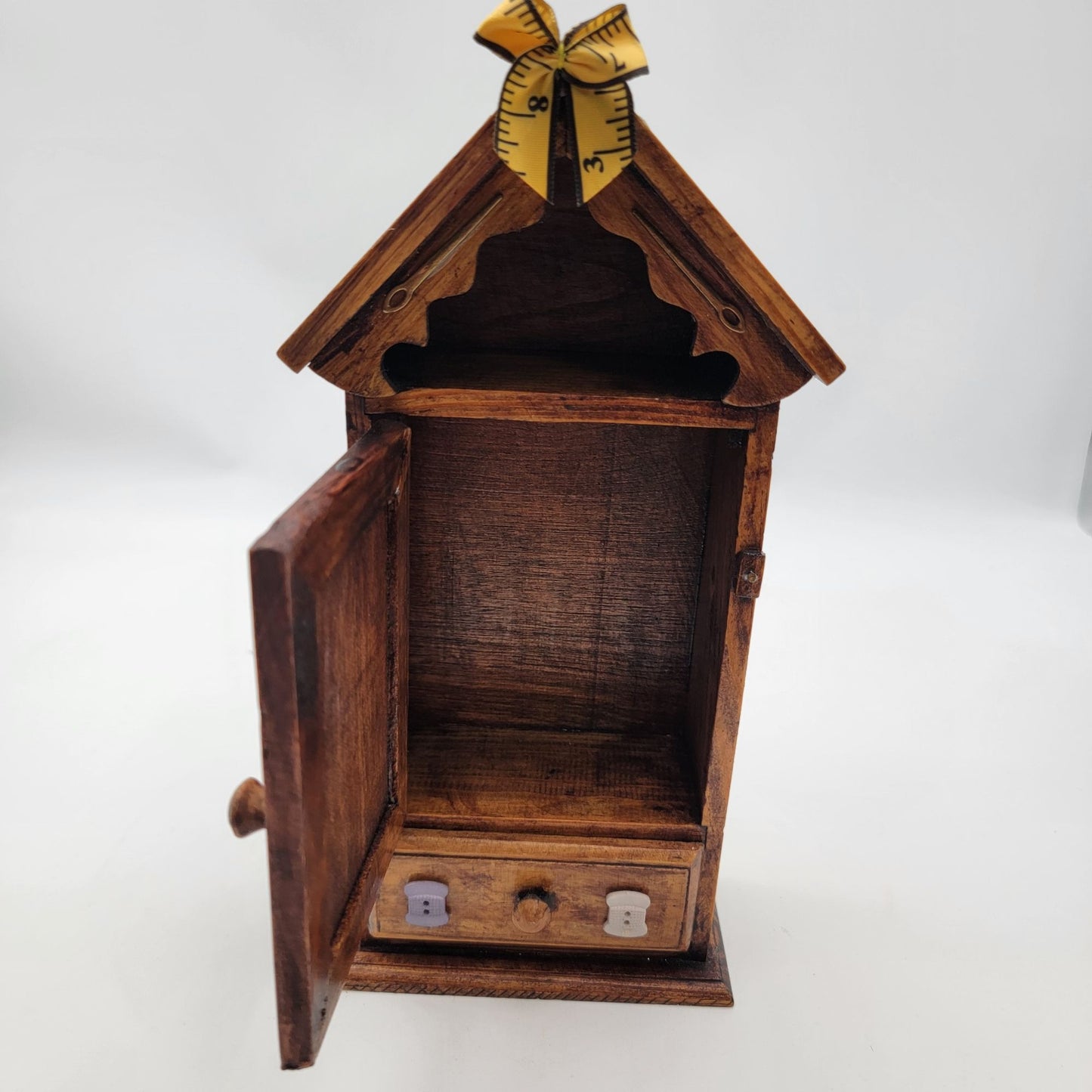 Vintage Wooden Sewing-Themed Miniature Cabinet With Drawer