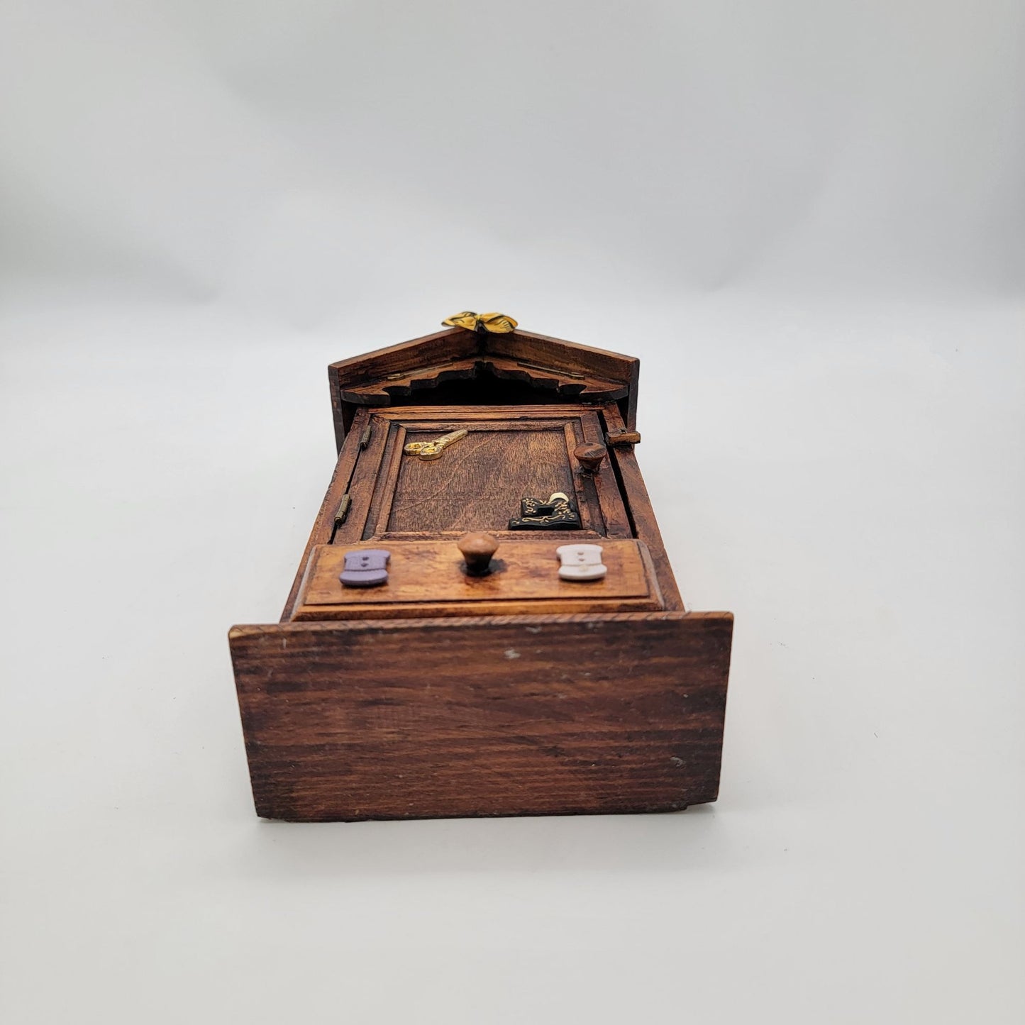 Vintage Wooden Sewing-Themed Miniature Cabinet With Drawer