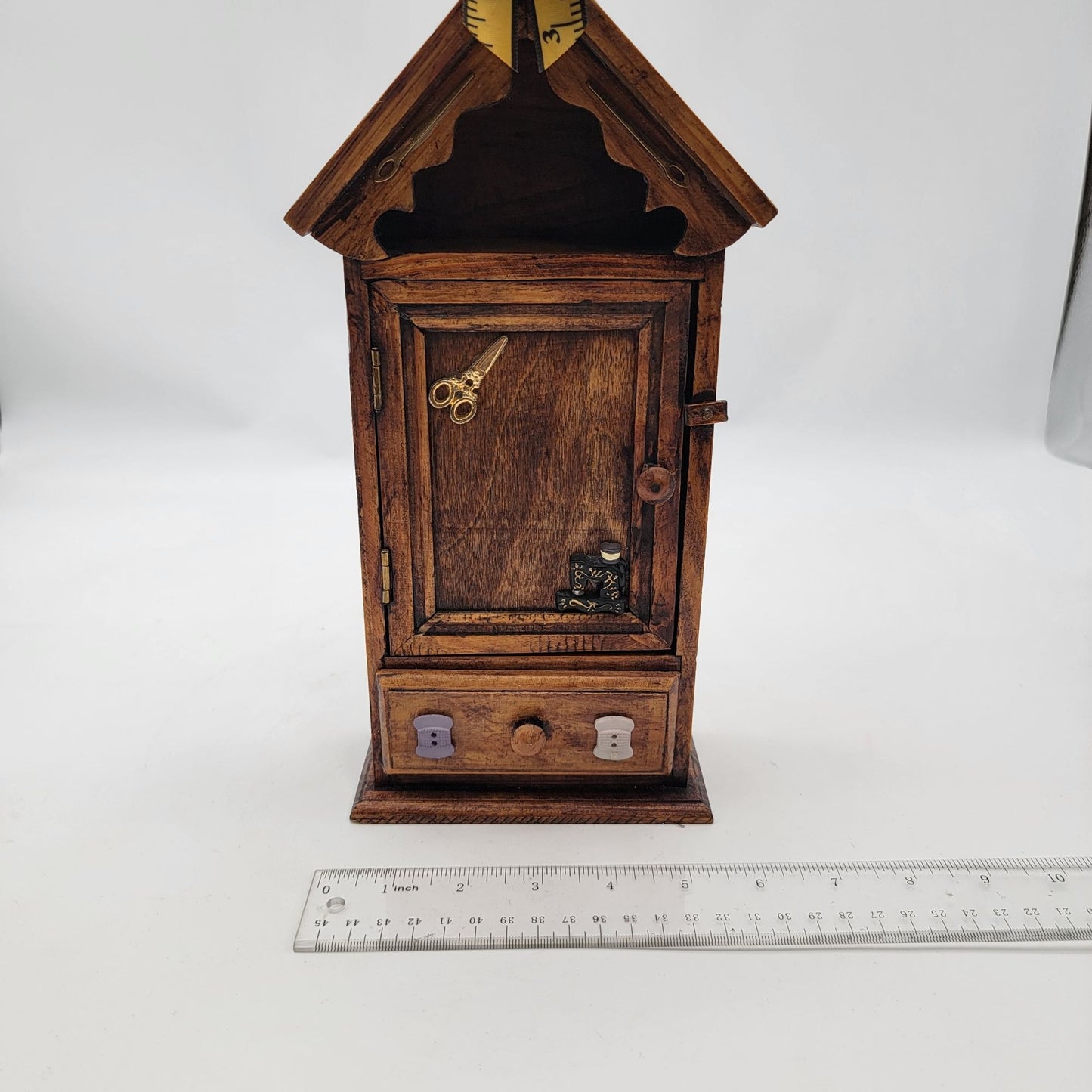 Vintage Wooden Sewing-Themed Miniature Cabinet With Drawer